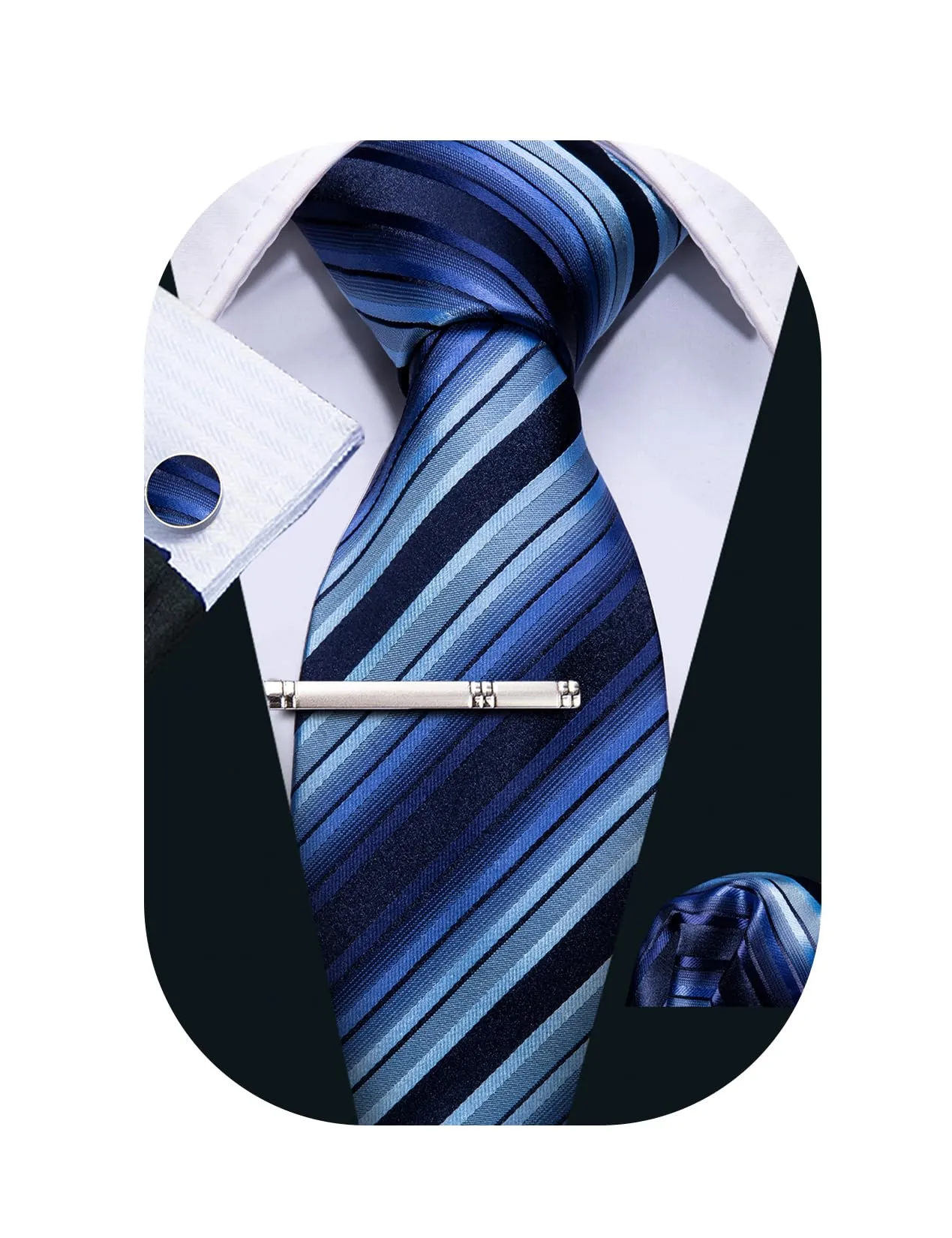 Barry.Wang Set Cravatta in Seta a Righe Scozzesi con Fazzoletto da Taschino, Gemelli e Fermacravatta, Blu Classico - immagine 1