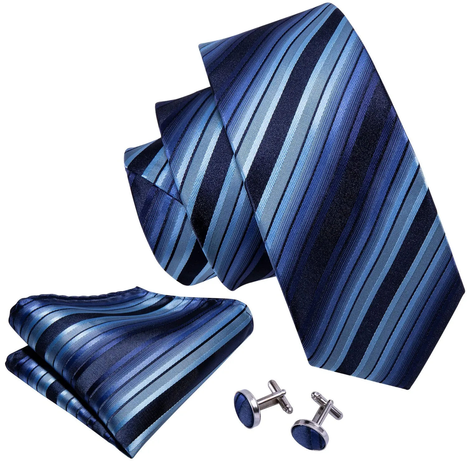 Barry.Wang Set Cravatta in Seta a Righe Scozzesi con Fazzoletto da Taschino, Gemelli e Fermacravatta, Blu Classico - immagine 2