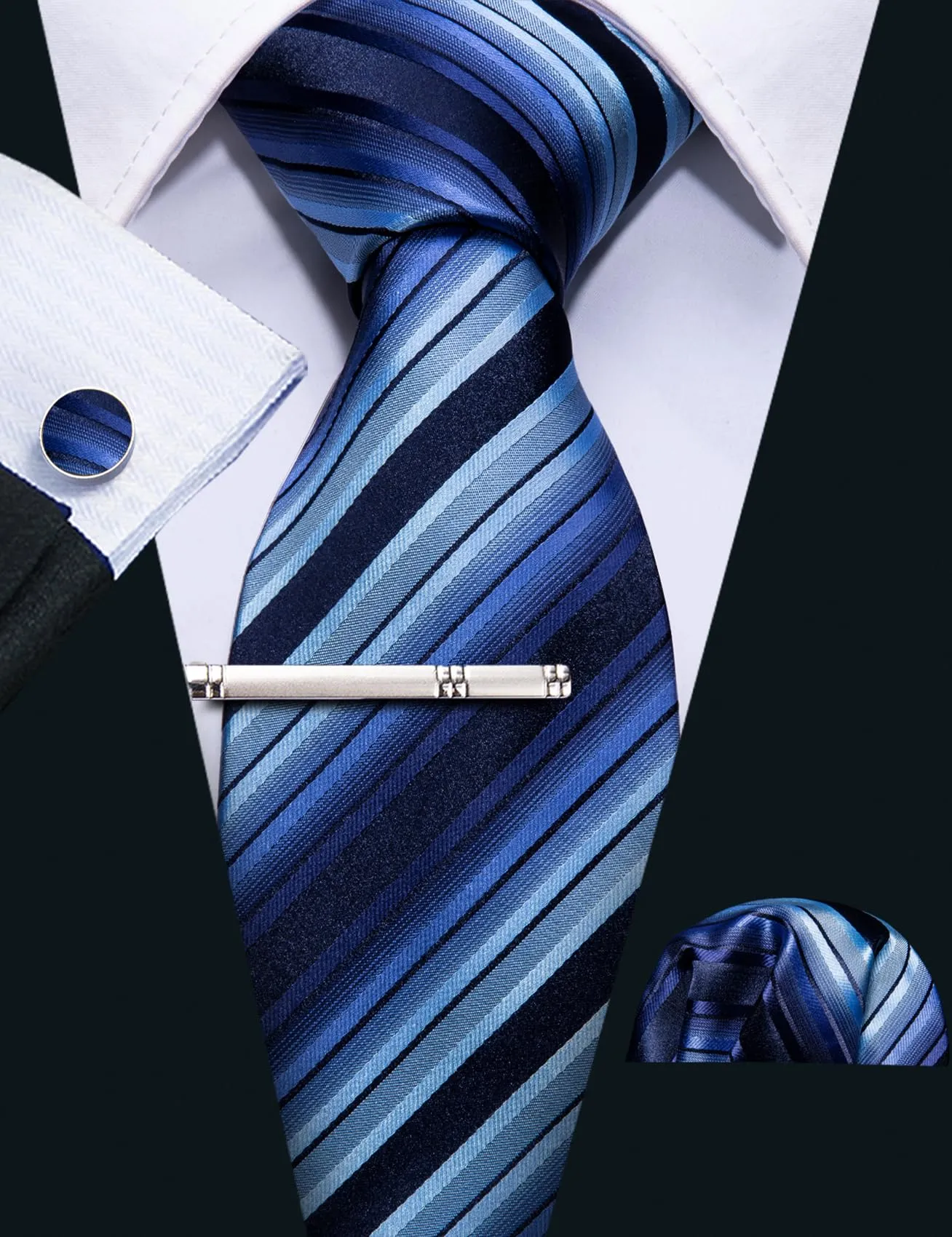 Barry.Wang Set Cravatta in Seta a Righe Scozzesi con Fazzoletto da Taschino, Gemelli e Fermacravatta, Blu Classico - immagine 6