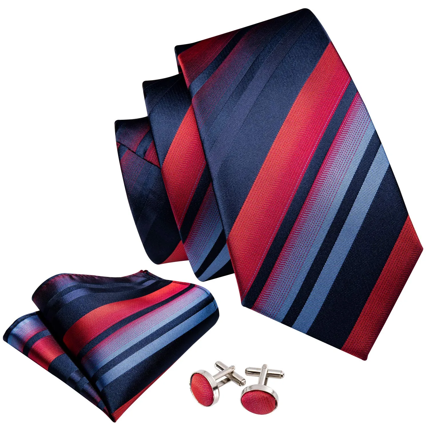 Barry.Wang Set da uomo 4 pezzi in seta con cravatta a righe a quadri, pochette, fermacravatta e gemelli, Taglia unica - immagine 2