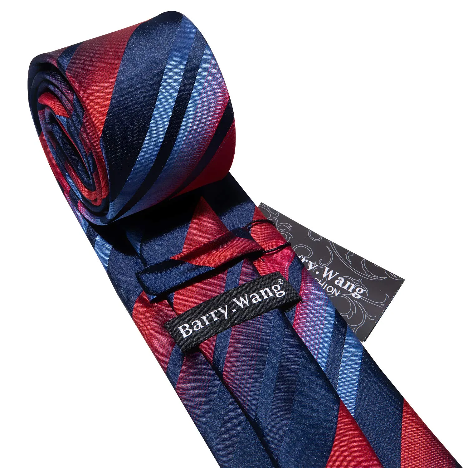 Barry.Wang Set da uomo 4 pezzi in seta con cravatta a righe a quadri, pochette, fermacravatta e gemelli, Taglia unica - immagine 5