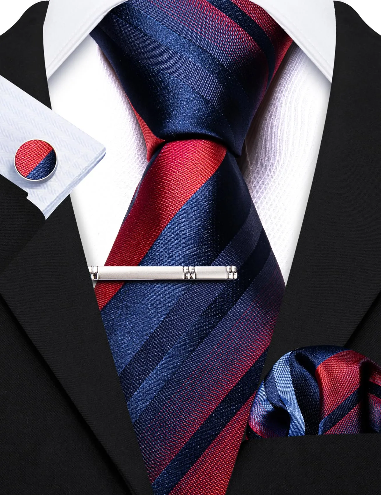 Barry.Wang Set da uomo 4 pezzi in seta con cravatta a righe a quadri, pochette, fermacravatta e gemelli, Taglia unica - immagine 6