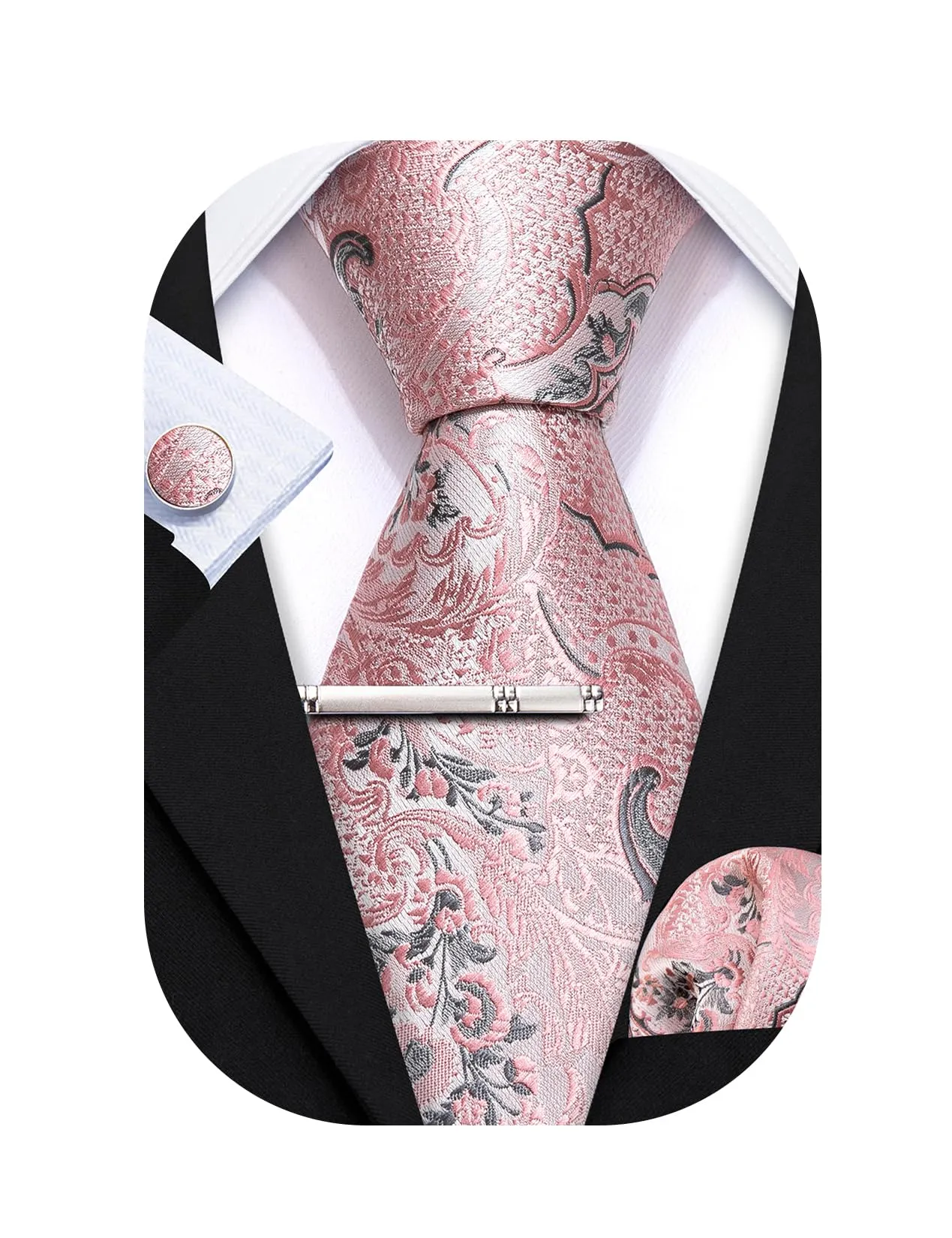 Barry.Wang Set da Uomo in Seta con Cravatta, Fazzoletto da Taschino e Gemelli, Motivo Paisley, Grigio Rosa Brillante - immagine 1