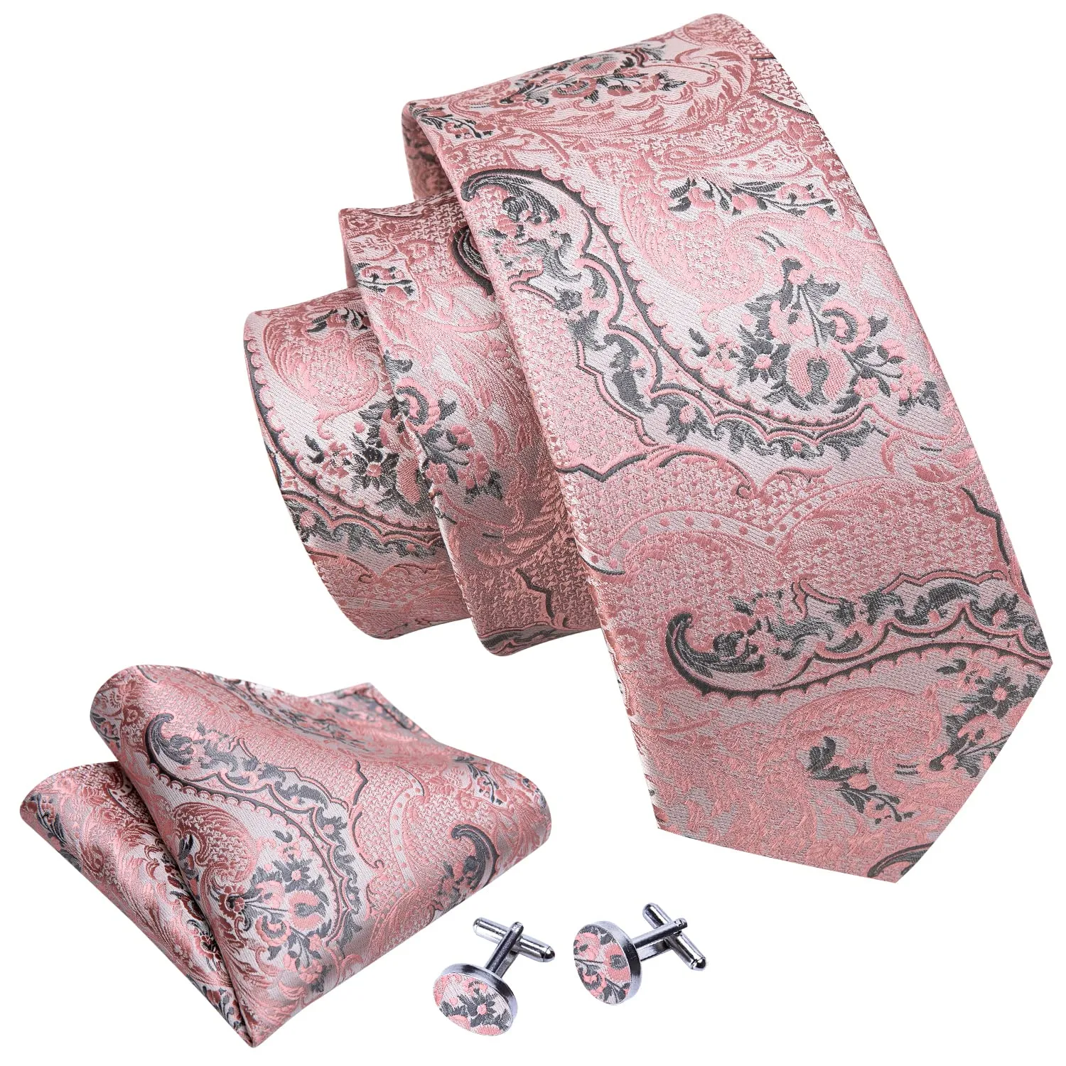 Barry.Wang Set da Uomo in Seta con Cravatta, Fazzoletto da Taschino e Gemelli, Motivo Paisley, Grigio Rosa Brillante - immagine 2