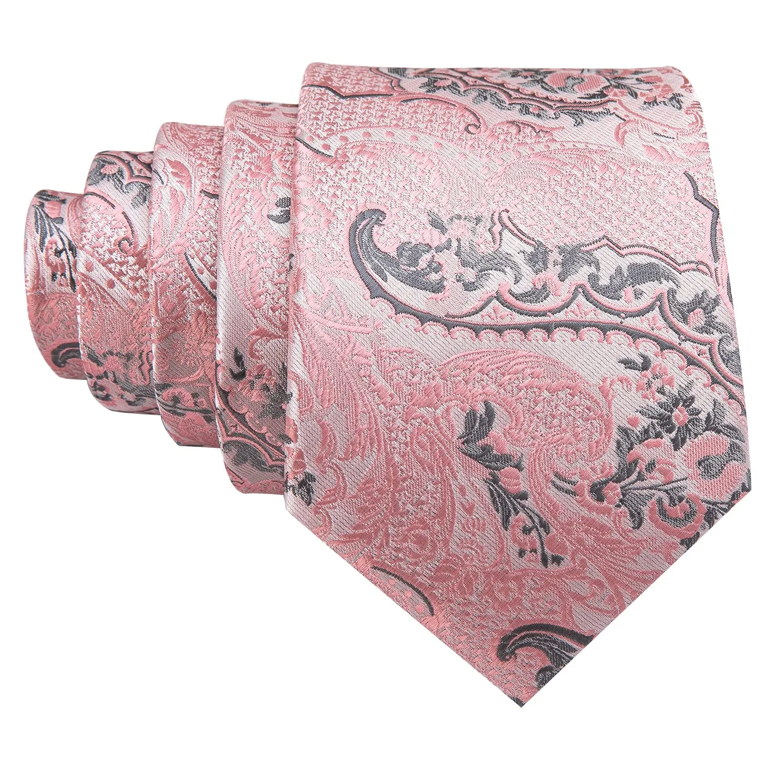 Barry.Wang Set da Uomo in Seta con Cravatta, Fazzoletto da Taschino e Gemelli, Motivo Paisley, Grigio Rosa Brillante - immagine 3