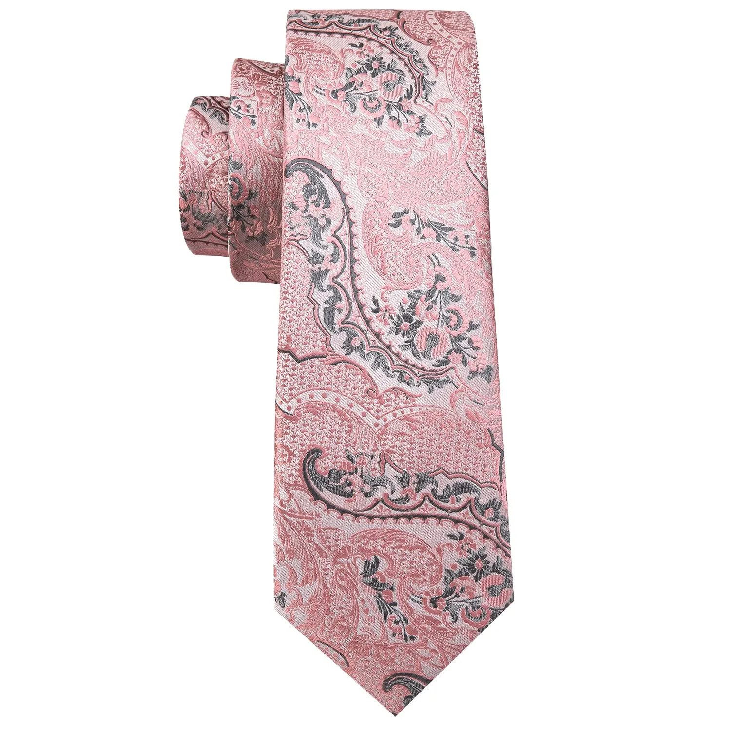 Barry.Wang Set da Uomo in Seta con Cravatta, Fazzoletto da Taschino e Gemelli, Motivo Paisley, Grigio Rosa Brillante - immagine 4