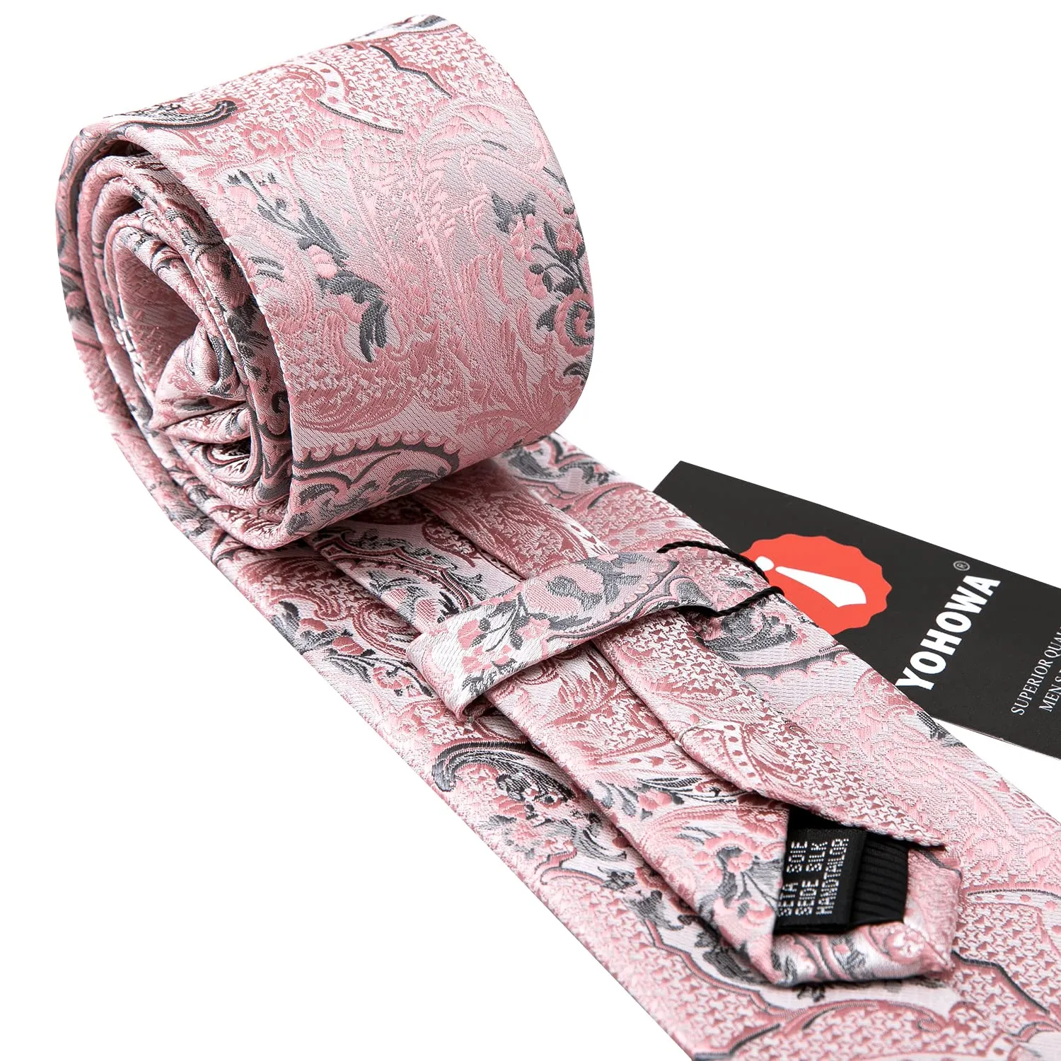 Barry.Wang Set da Uomo in Seta con Cravatta, Fazzoletto da Taschino e Gemelli, Motivo Paisley, Grigio Rosa Brillante - immagine 5