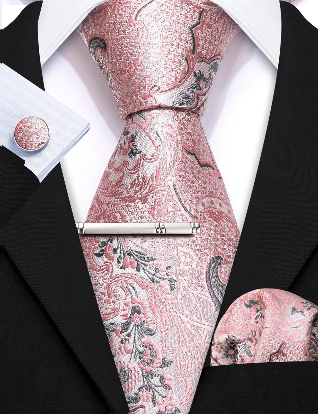 Barry.Wang Set da Uomo in Seta con Cravatta, Fazzoletto da Taschino e Gemelli, Motivo Paisley, Grigio Rosa Brillante - immagine 6