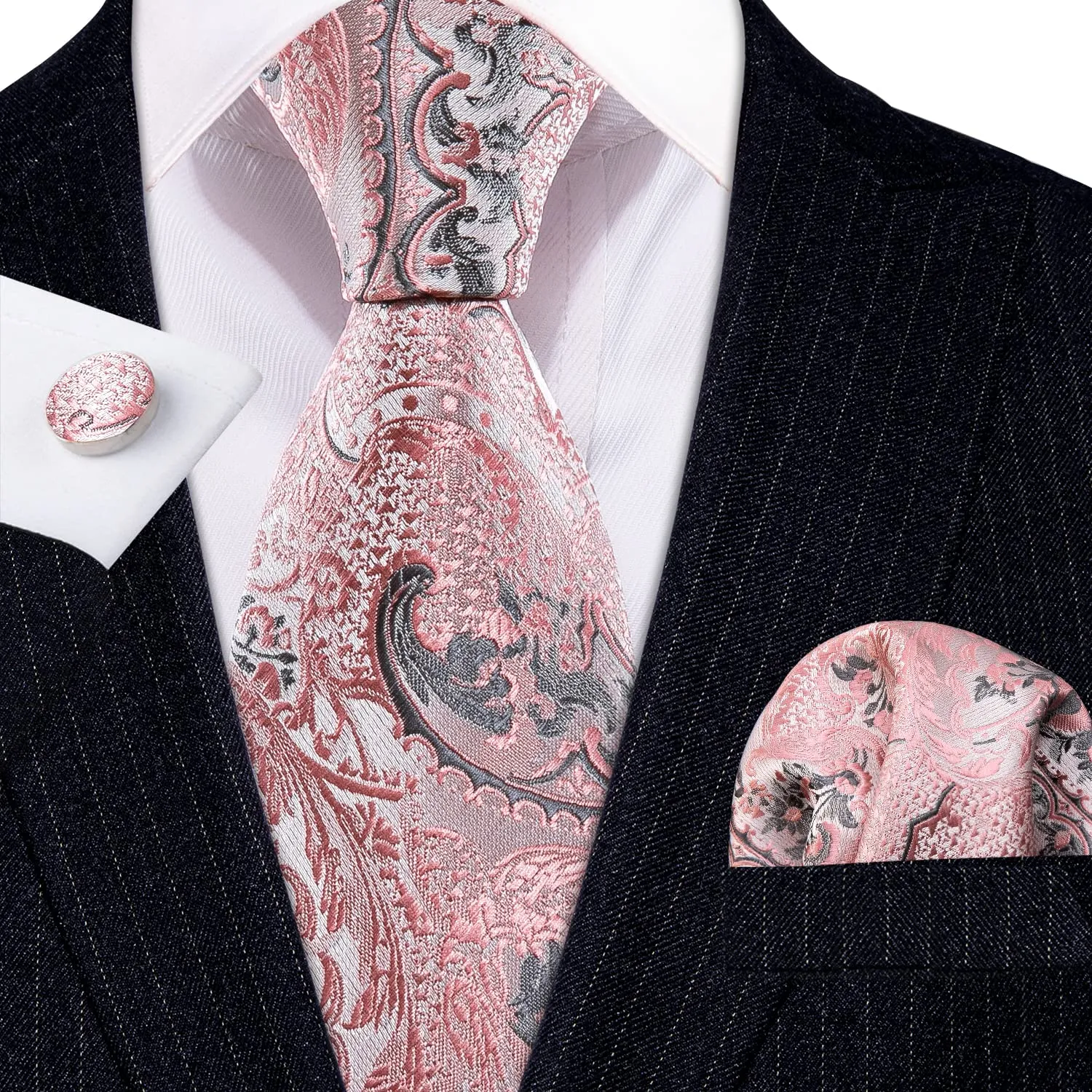 Barry.Wang Set da Uomo in Seta con Cravatta, Fazzoletto da Taschino e Gemelli, Motivo Paisley, Grigio Rosa Brillante - immagine 7
