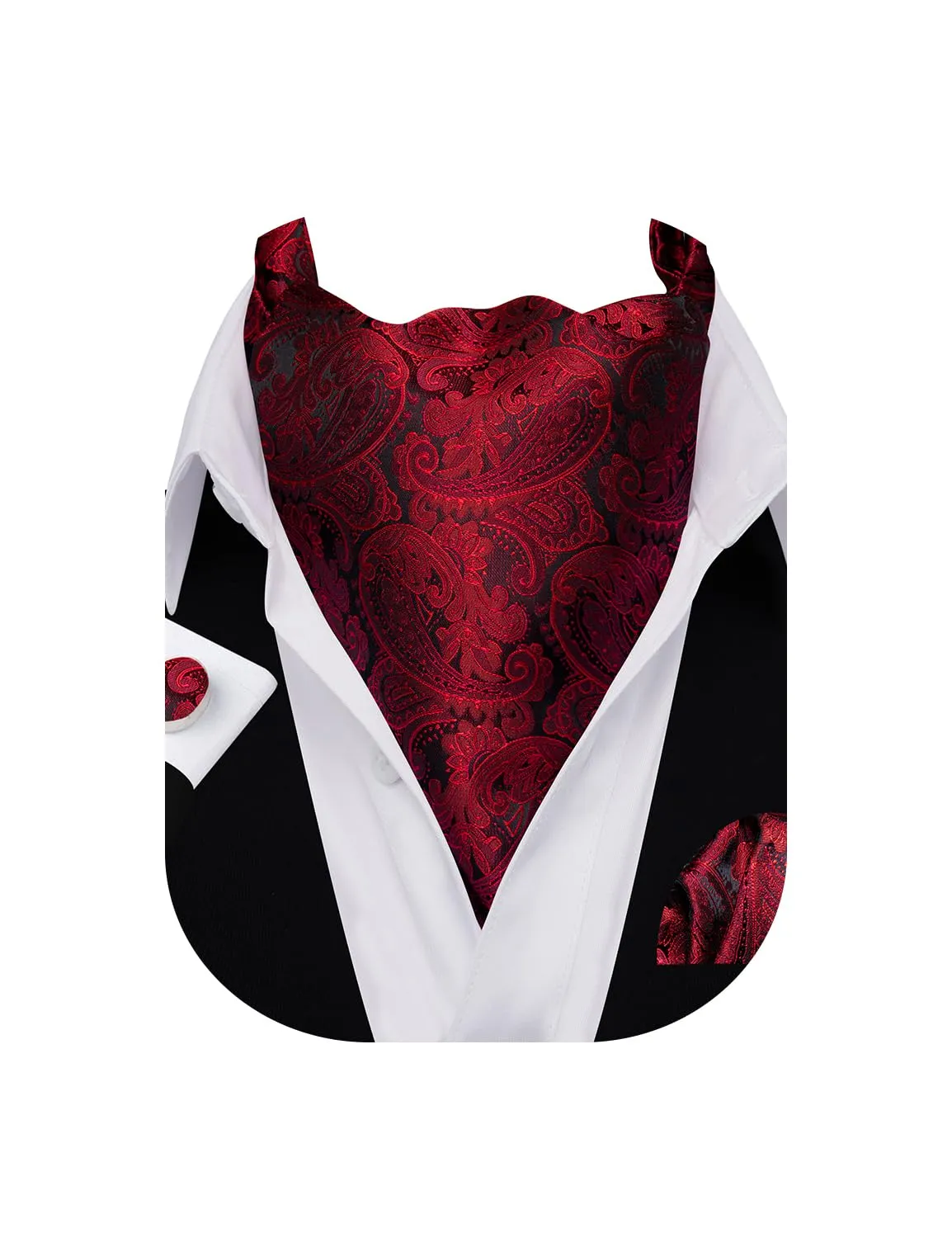 Barry.Wang Uomini Paisley Seta Ascot Cravatta, Fazzoletto e Gemelli Set, Rosso colorato - immagine 1