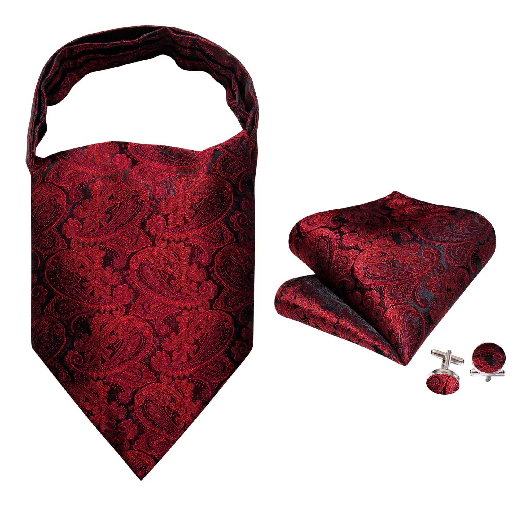 Barry.Wang Uomini Paisley Seta Ascot Cravatta, Fazzoletto e Gemelli Set, Rosso colorato - immagine 2