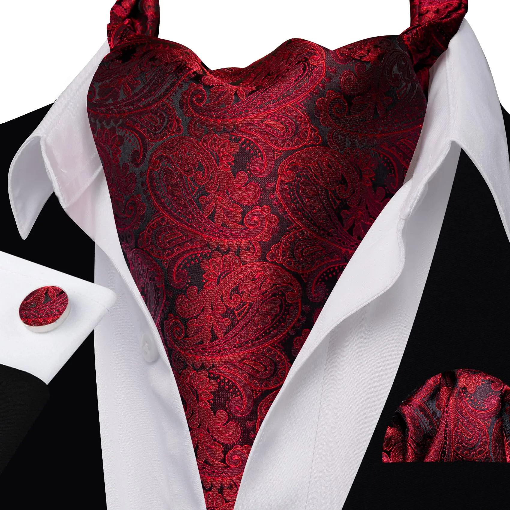 Barry.Wang Uomini Paisley Seta Ascot Cravatta, Fazzoletto e Gemelli Set, Rosso colorato - immagine 4