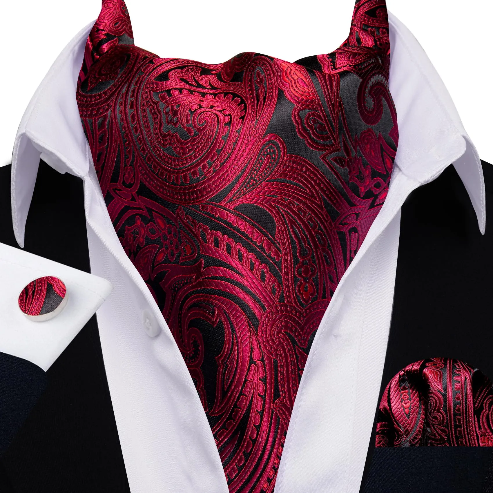 Barry.Wang Uomini Paisley Seta Ascot Cravatta, Fazzoletto e Gemelli Set, Rosso colorato - immagine 5