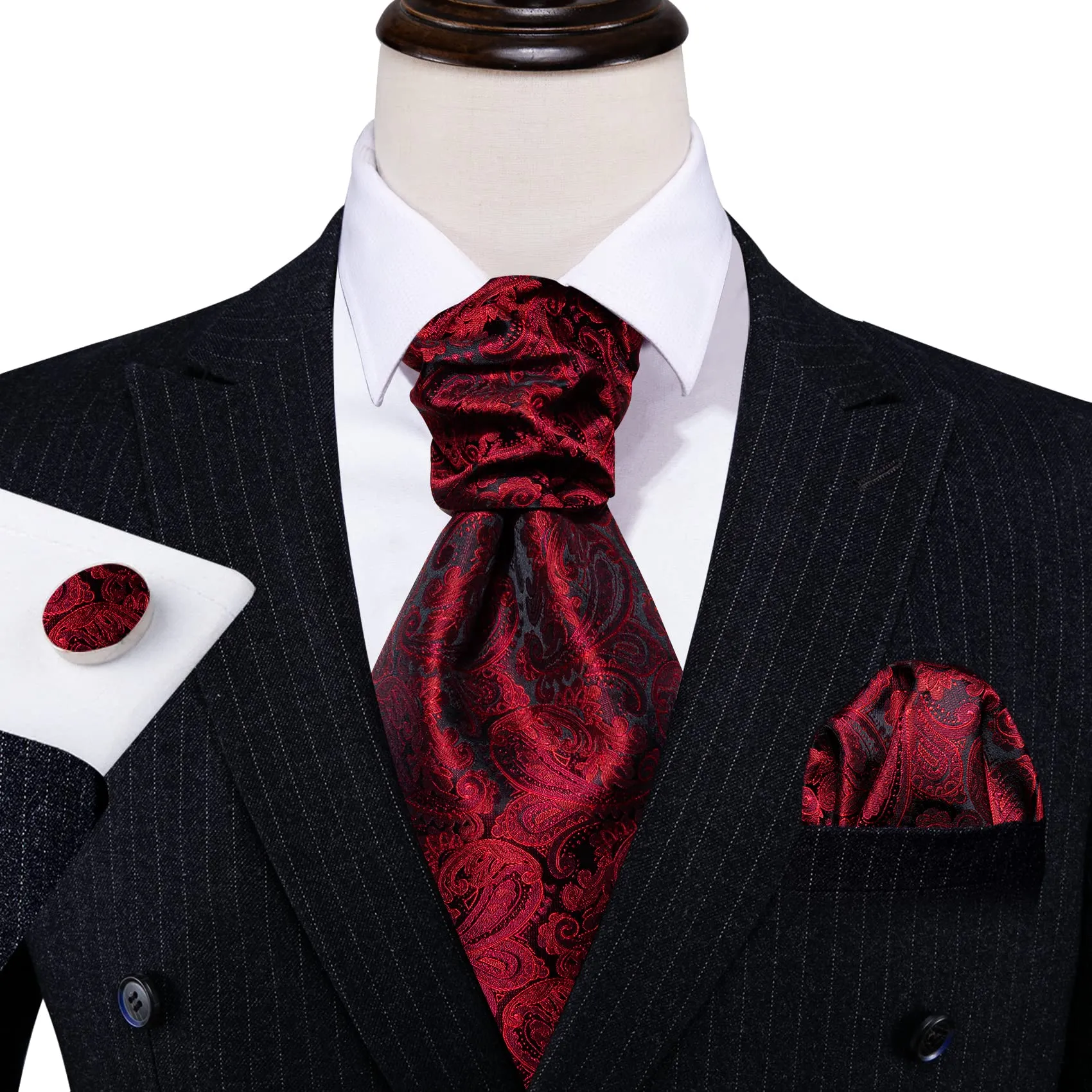 Barry.Wang Uomini Paisley Seta Ascot Cravatta, Fazzoletto e Gemelli Set, Rosso colorato - immagine 6