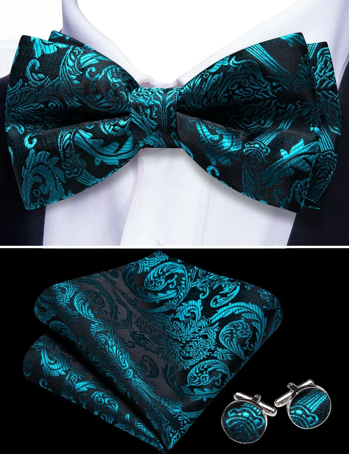 Barry.Wang Set Papillon in Seta Paisley Pre-annodato con Fazzoletto e Gemelli, Fiore Verde Acqua, Taglia Unica - immagine 2
