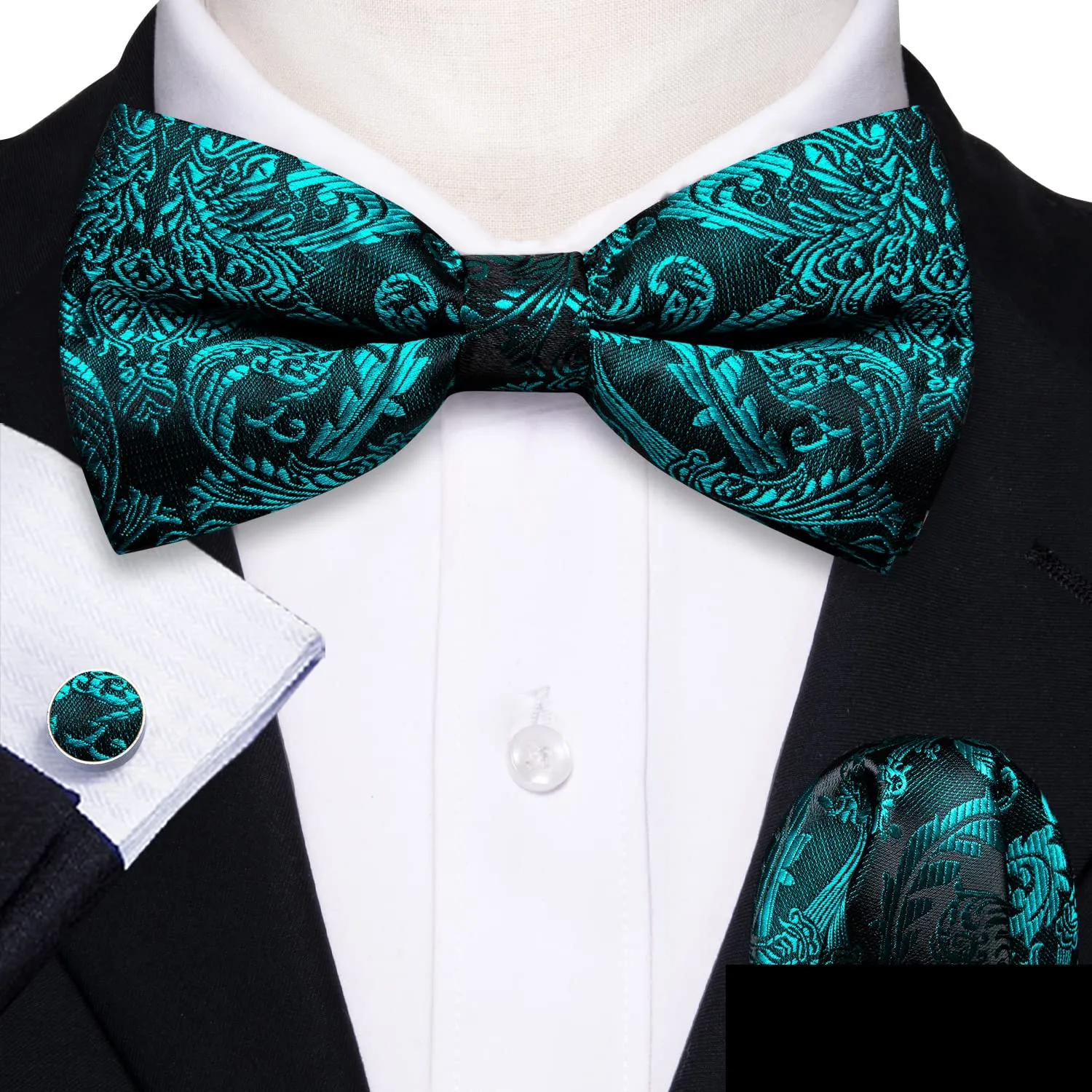Barry.Wang Set Papillon in Seta Paisley Pre-annodato con Fazzoletto e Gemelli, Fiore Verde Acqua, Taglia Unica - immagine 3