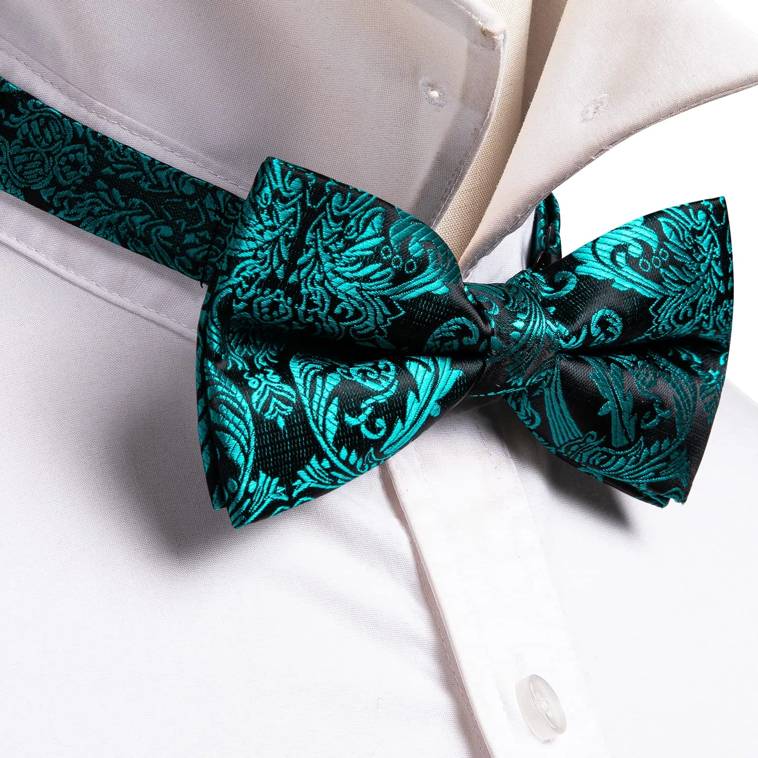 Barry.Wang Set Papillon in Seta Paisley Pre-annodato con Fazzoletto e Gemelli, Fiore Verde Acqua, Taglia Unica - immagine 5