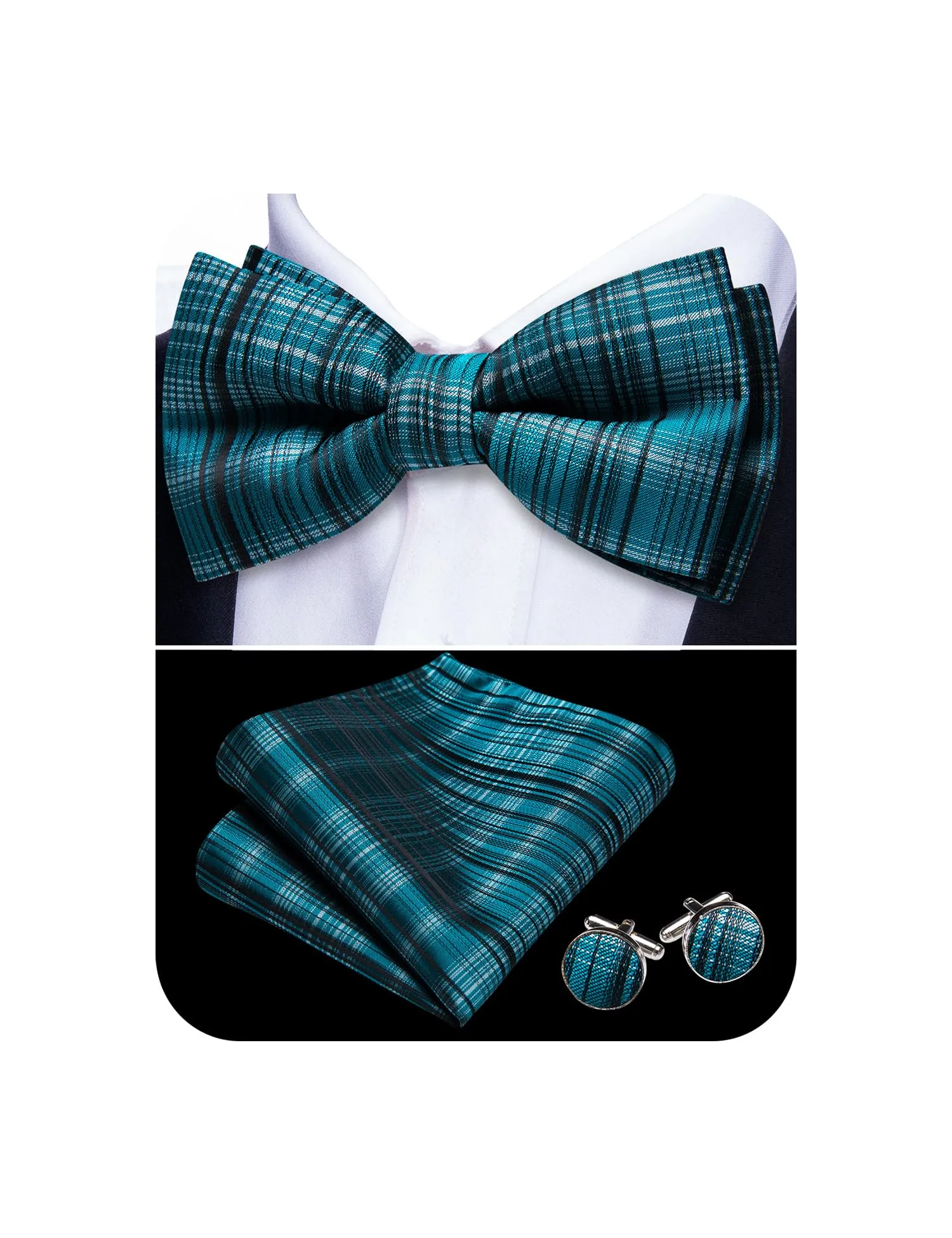 Barry.Wang Set Papillon in Seta con Fazzoletto da Taschino e Gemelli, Verde Acqua a Righe, Taglia Unica - immagine 1