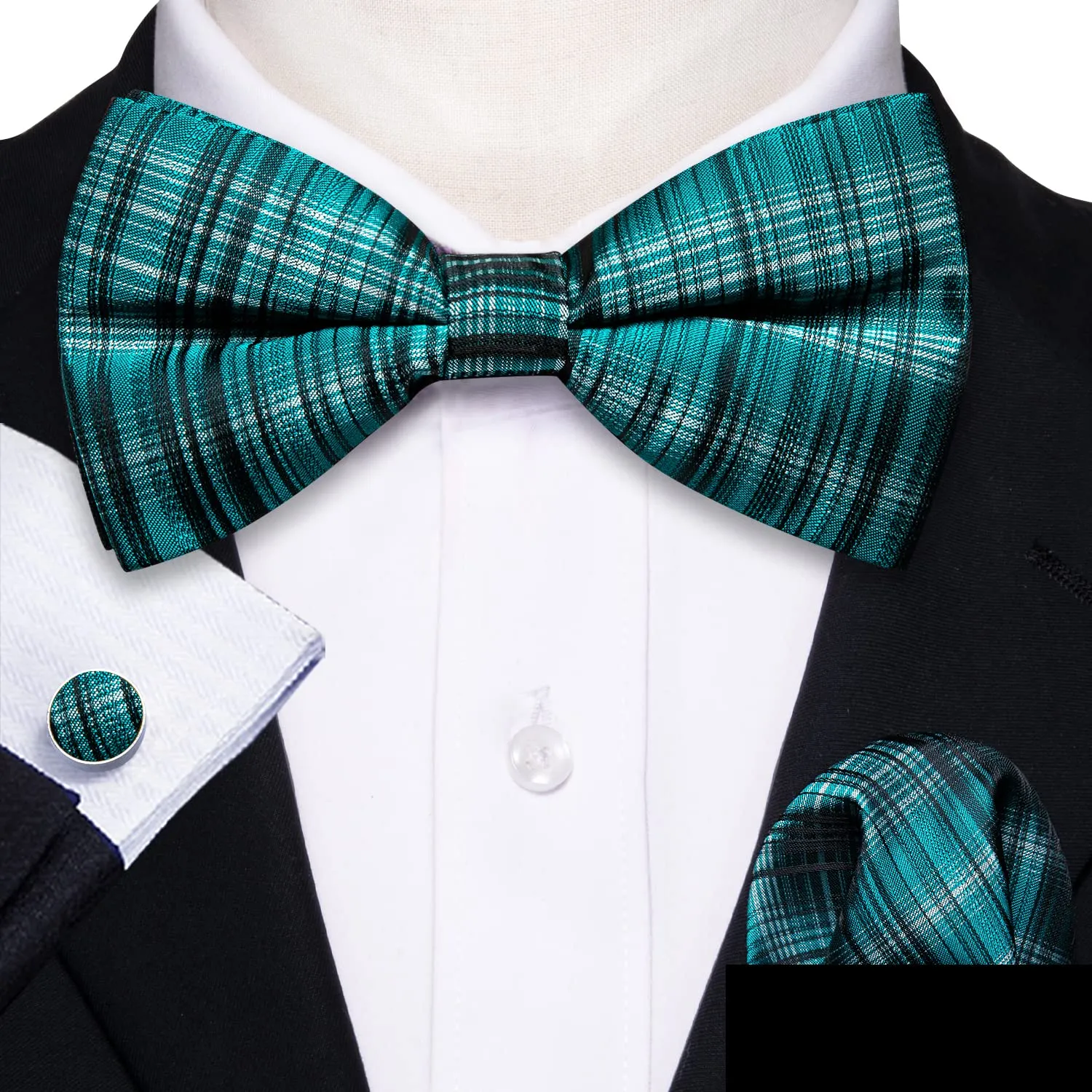 Barry.Wang Set Papillon in Seta con Fazzoletto da Taschino e Gemelli, Verde Acqua a Righe, Taglia Unica - immagine 2