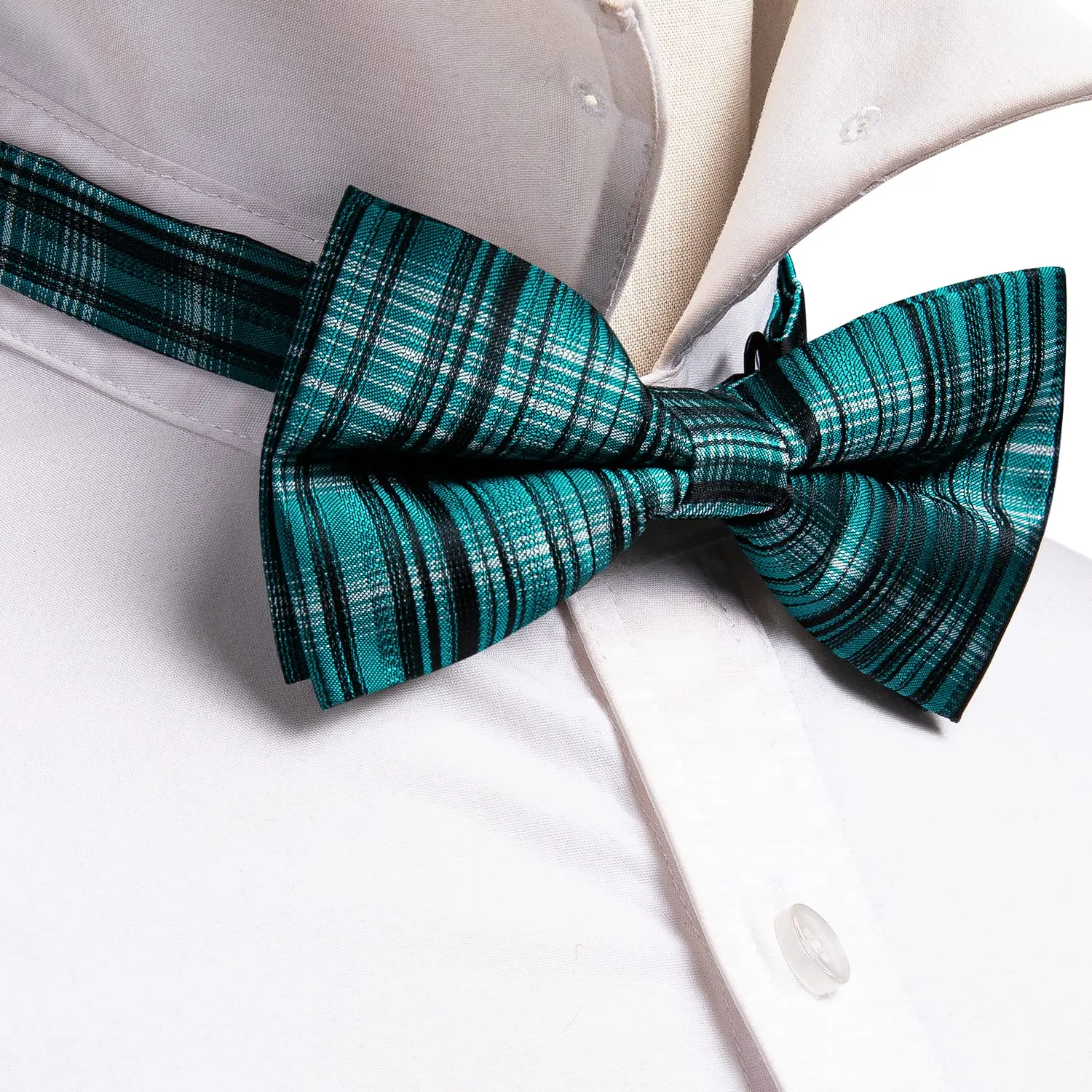 Barry.Wang Set Papillon in Seta con Fazzoletto da Taschino e Gemelli, Verde Acqua a Righe, Taglia Unica - immagine 3