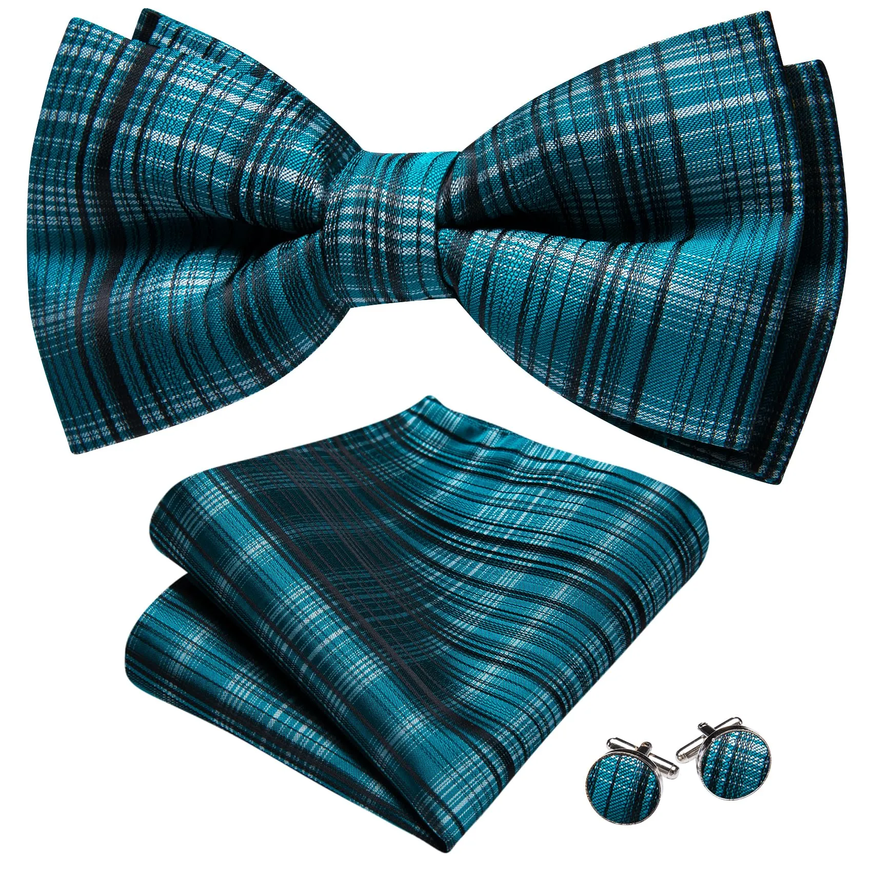 Barry.Wang Set Papillon in Seta con Fazzoletto da Taschino e Gemelli, Verde Acqua a Righe, Taglia Unica - immagine 4