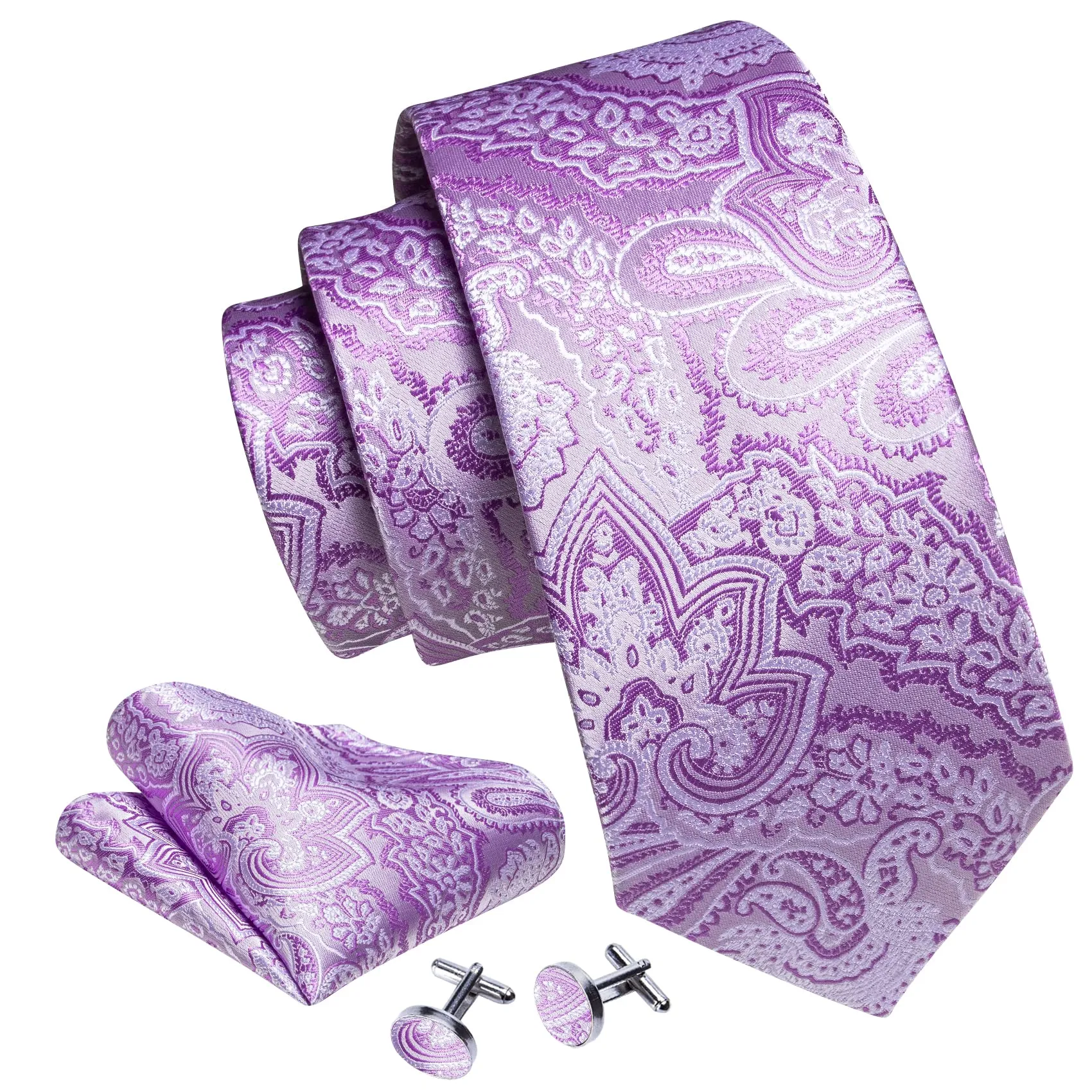 Barry.Wang Set uomo in seta con cravatta, fazzoletto da taschino, gemelli e clip, motivo paisley, Lilla, Taglia unica - immagine 3