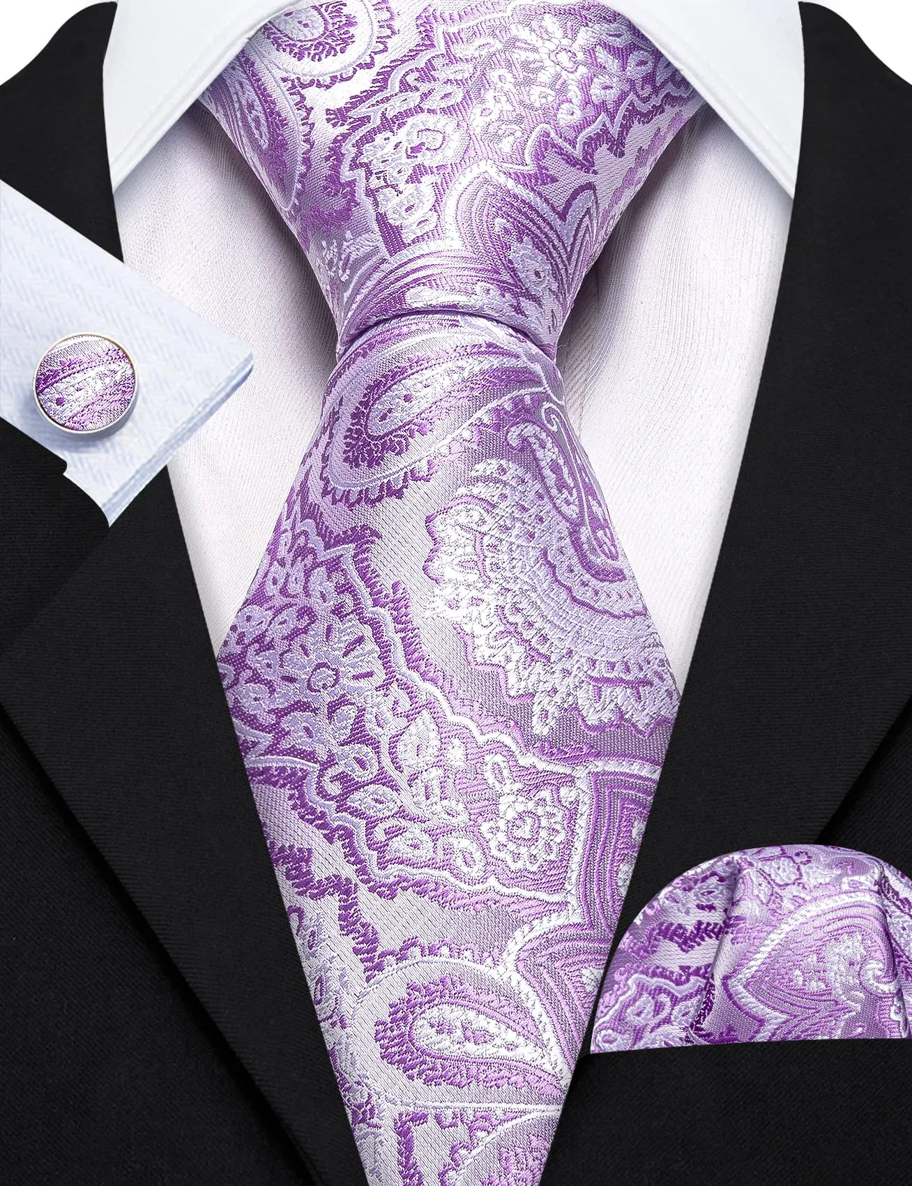 Barry.Wang Set uomo in seta con cravatta, fazzoletto da taschino, gemelli e clip, motivo paisley, Lilla, Taglia unica - immagine 4