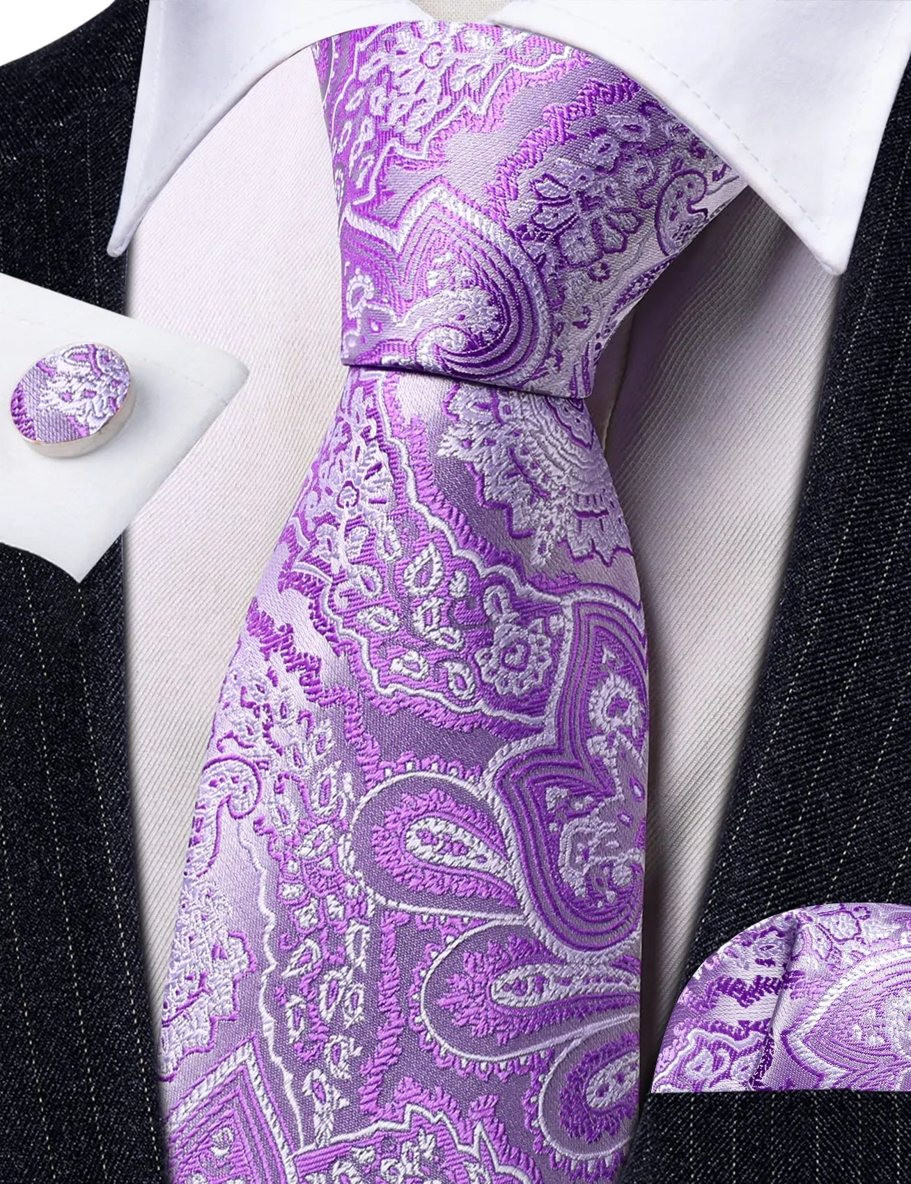 Barry.Wang Set uomo in seta con cravatta, fazzoletto da taschino, gemelli e clip, motivo paisley, Lilla, Taglia unica - immagine 5
