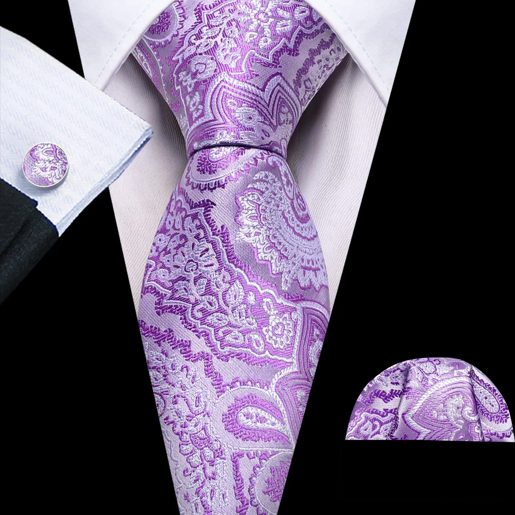 Barry.Wang Set uomo in seta con cravatta, fazzoletto da taschino, gemelli e clip, motivo paisley, Lilla, Taglia unica - immagine 6