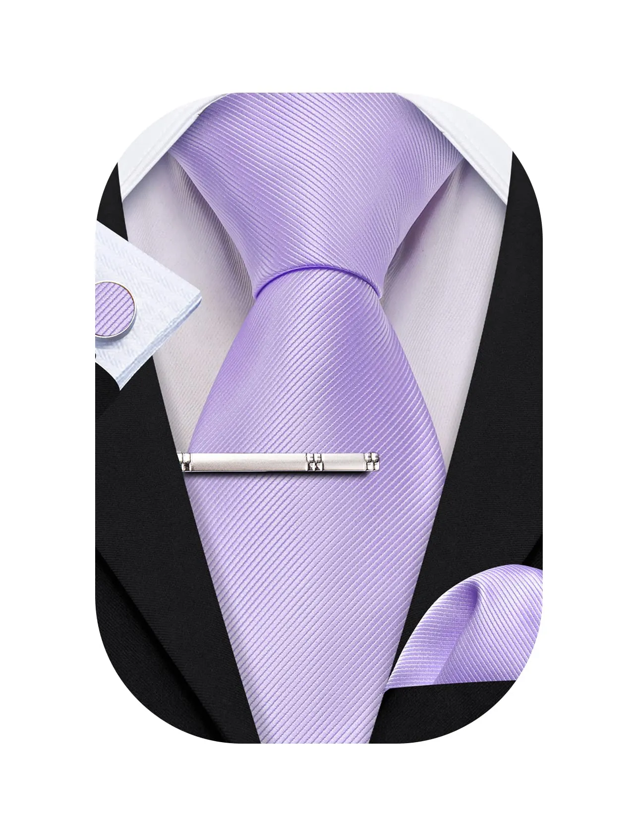 Barry.Wang Set uomo con cravatta in raso, fazzoletto da taschino, gemelli e fermacravatta, 4 pezzi, lavanda, Taglia unica - immagine 1
