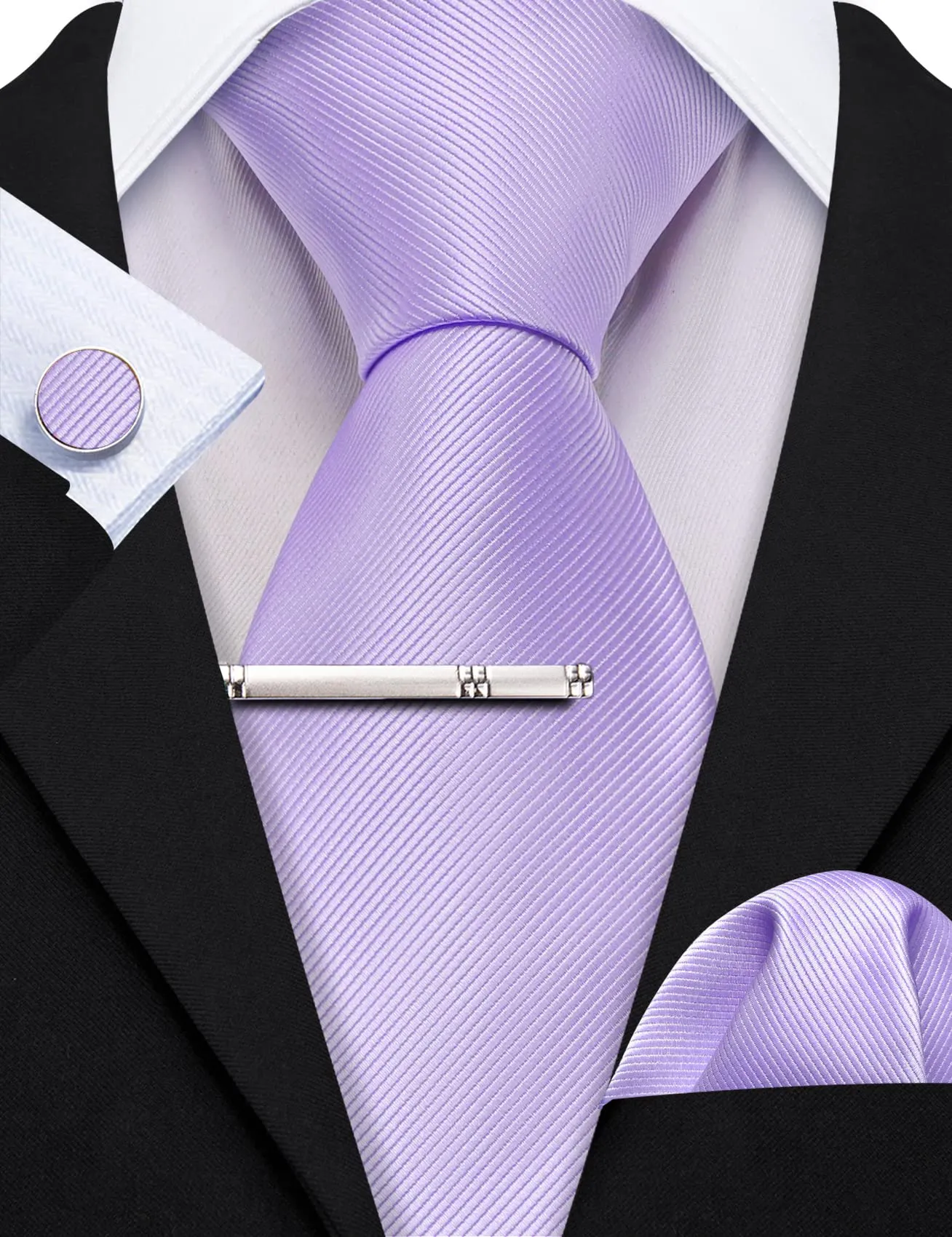 Barry.Wang Set uomo con cravatta in raso, fazzoletto da taschino, gemelli e fermacravatta, 4 pezzi, lavanda, Taglia unica - immagine 6