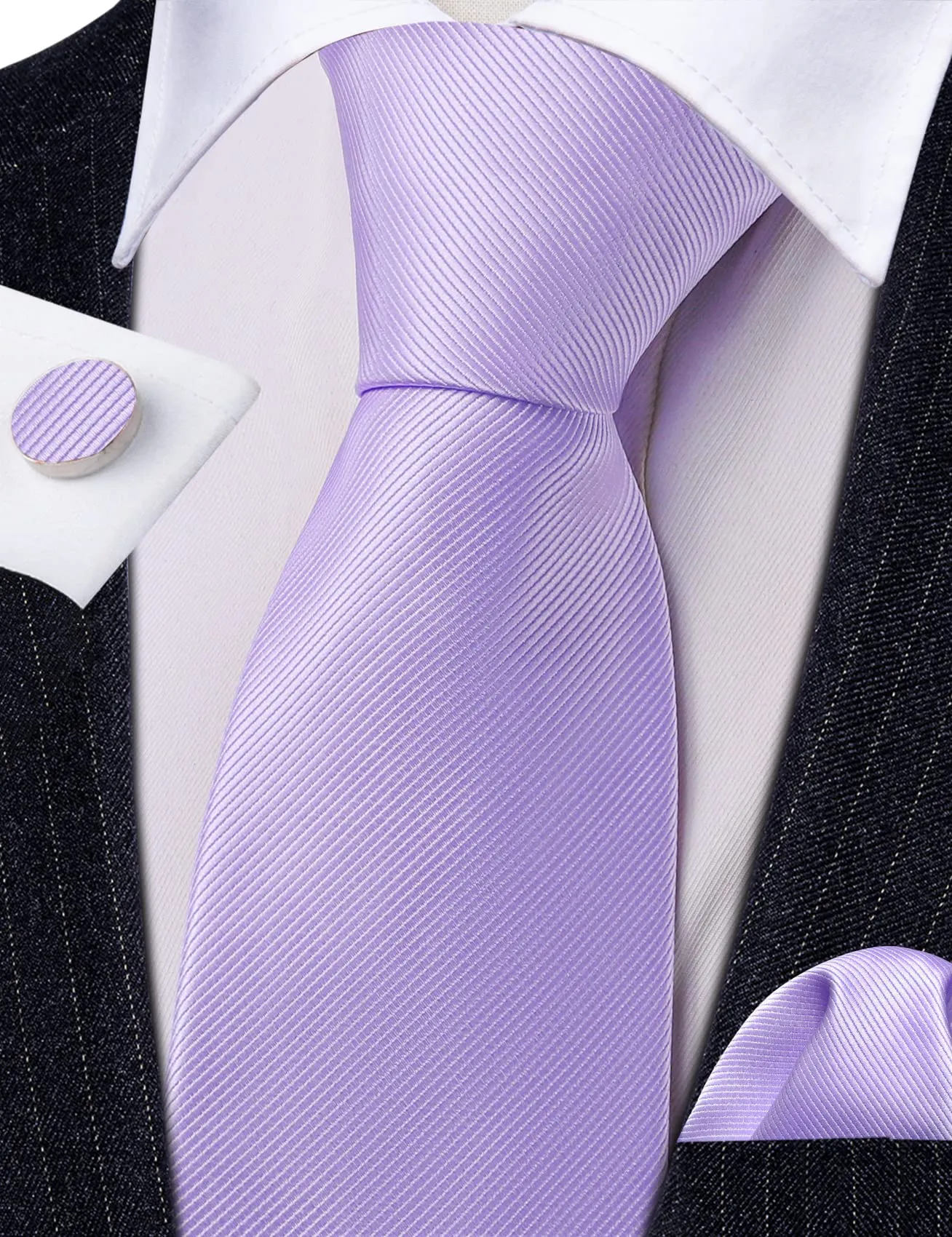 Barry.Wang Set uomo con cravatta in raso, fazzoletto da taschino, gemelli e fermacravatta, 4 pezzi, lavanda, Taglia unica - immagine 7