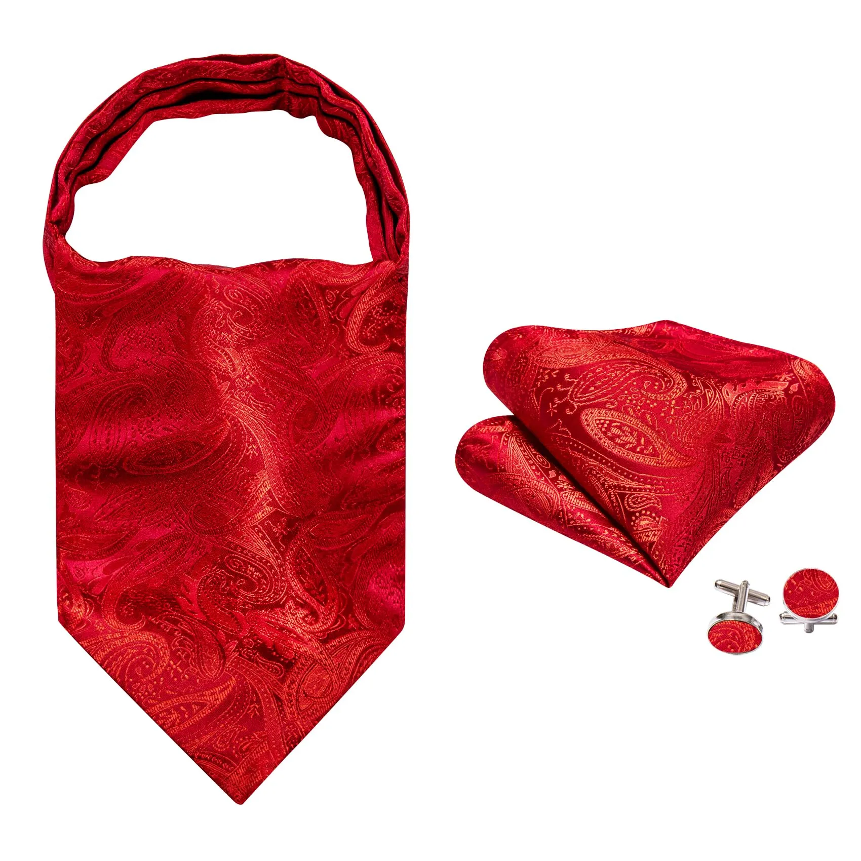 Barry.Wang Set da uomo con cravatta Ascot in seta, fazzoletto da tasca e gemelli, motivo Paisley, Rosso puro - immagine 2