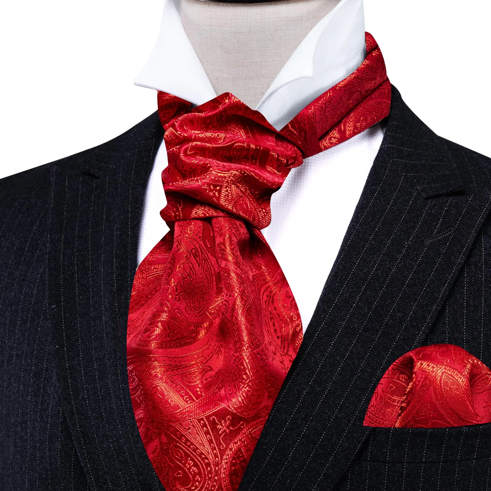 Barry.Wang Set da uomo con cravatta Ascot in seta, fazzoletto da tasca e gemelli, motivo Paisley, Rosso puro - immagine 4