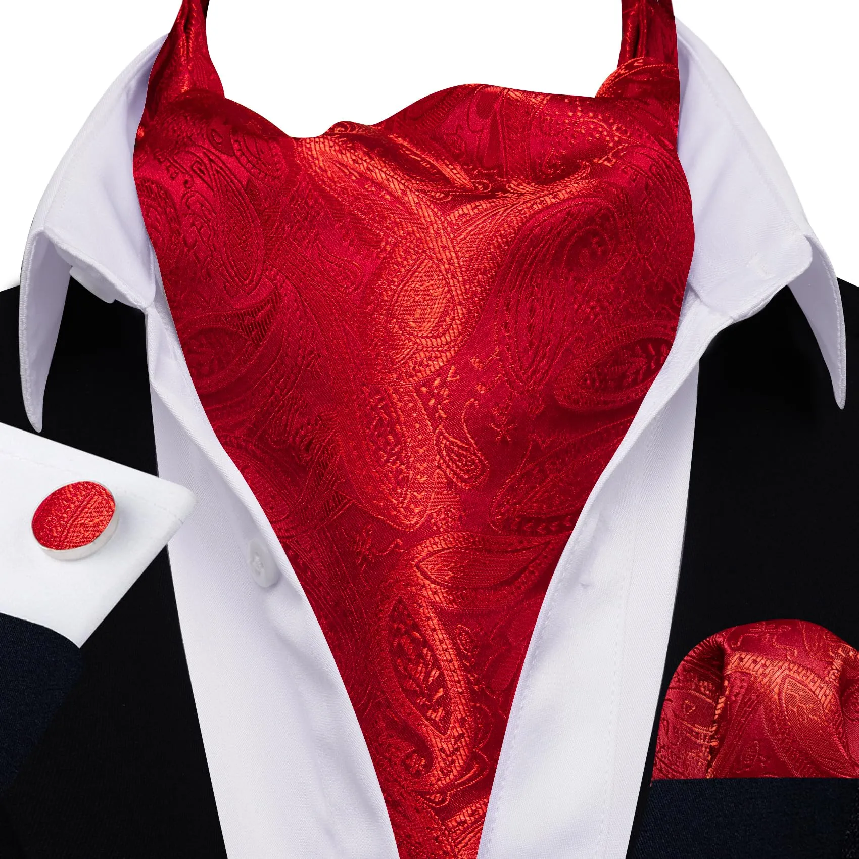 Barry.Wang Set da uomo con cravatta Ascot in seta, fazzoletto da tasca e gemelli, motivo Paisley, Rosso puro - immagine 5