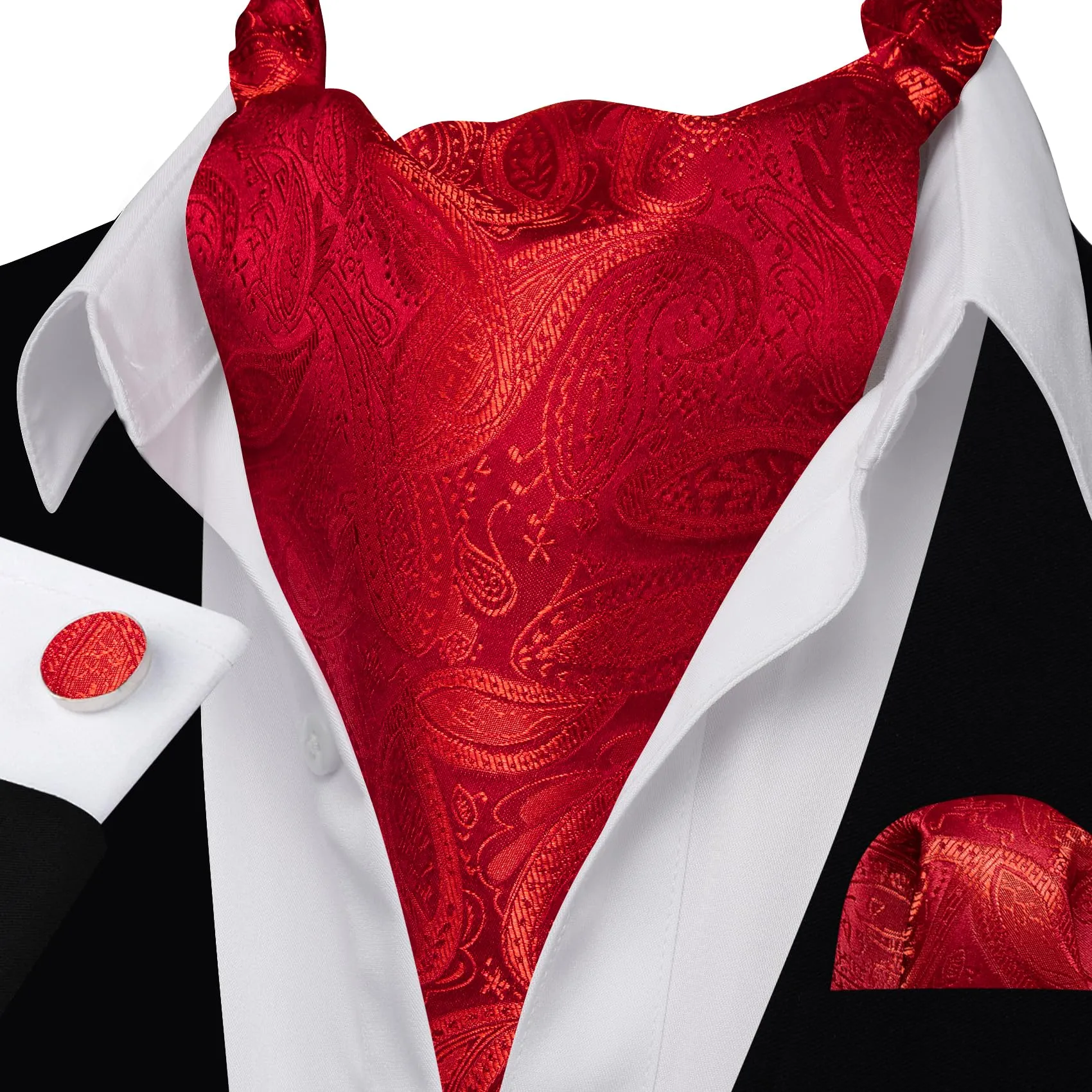 Barry.Wang Set da uomo con cravatta Ascot in seta, fazzoletto da tasca e gemelli, motivo Paisley, Rosso puro - immagine 6