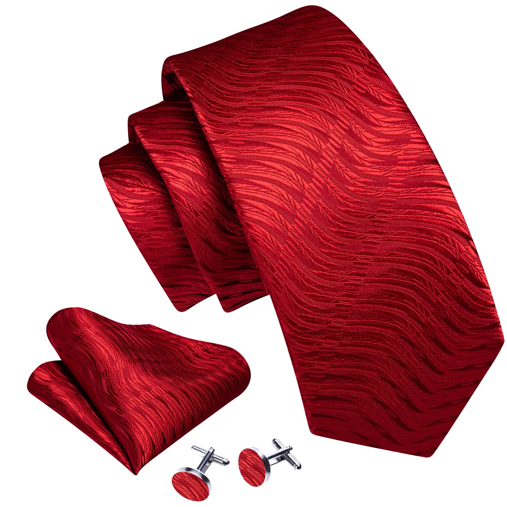 Barry.Wang Set Cravatta in Raso da Uomo, 4 Pezzi (Cravatta, Fazzoletto da Taschino, Gemelli e Fermacravatta), Rosso Vero - immagine 3