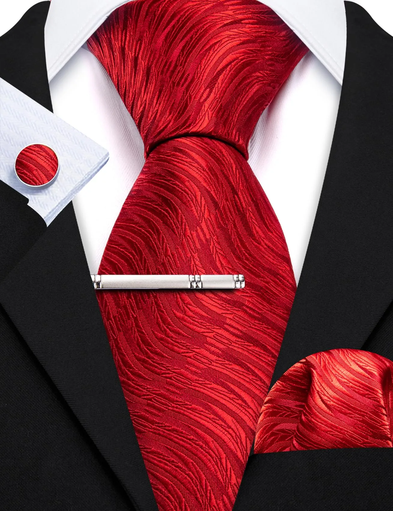 Barry.Wang Set Cravatta in Raso da Uomo, 4 Pezzi (Cravatta, Fazzoletto da Taschino, Gemelli e Fermacravatta), Rosso Vero - immagine 6
