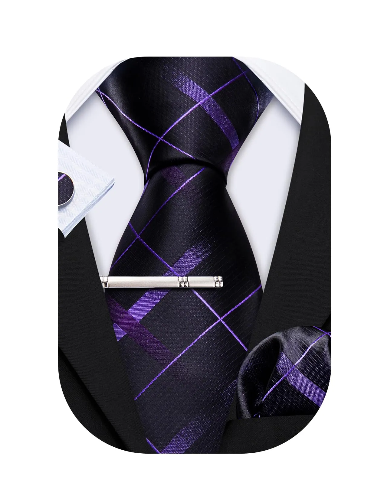 Barry.Wang Set da uomo 4 pezzi in seta con cravatta a righe a quadri, pochette, fermacravatta e gemelli, Taglia unica - immagine 1