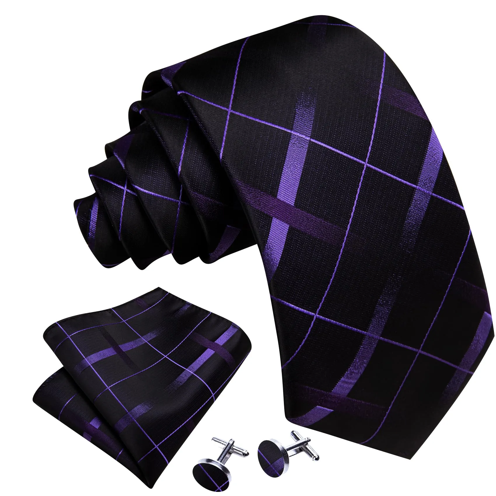 Barry.Wang Set da uomo 4 pezzi in seta con cravatta a righe a quadri, pochette, fermacravatta e gemelli, Taglia unica - immagine 2