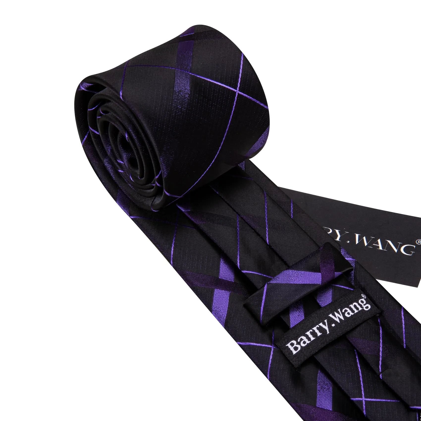 Barry.Wang Set da uomo 4 pezzi in seta con cravatta a righe a quadri, pochette, fermacravatta e gemelli, Taglia unica - immagine 5