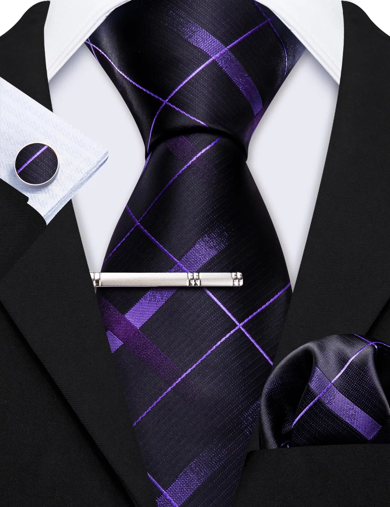 Barry.Wang Set da uomo 4 pezzi in seta con cravatta a righe a quadri, pochette, fermacravatta e gemelli, Taglia unica - immagine 6