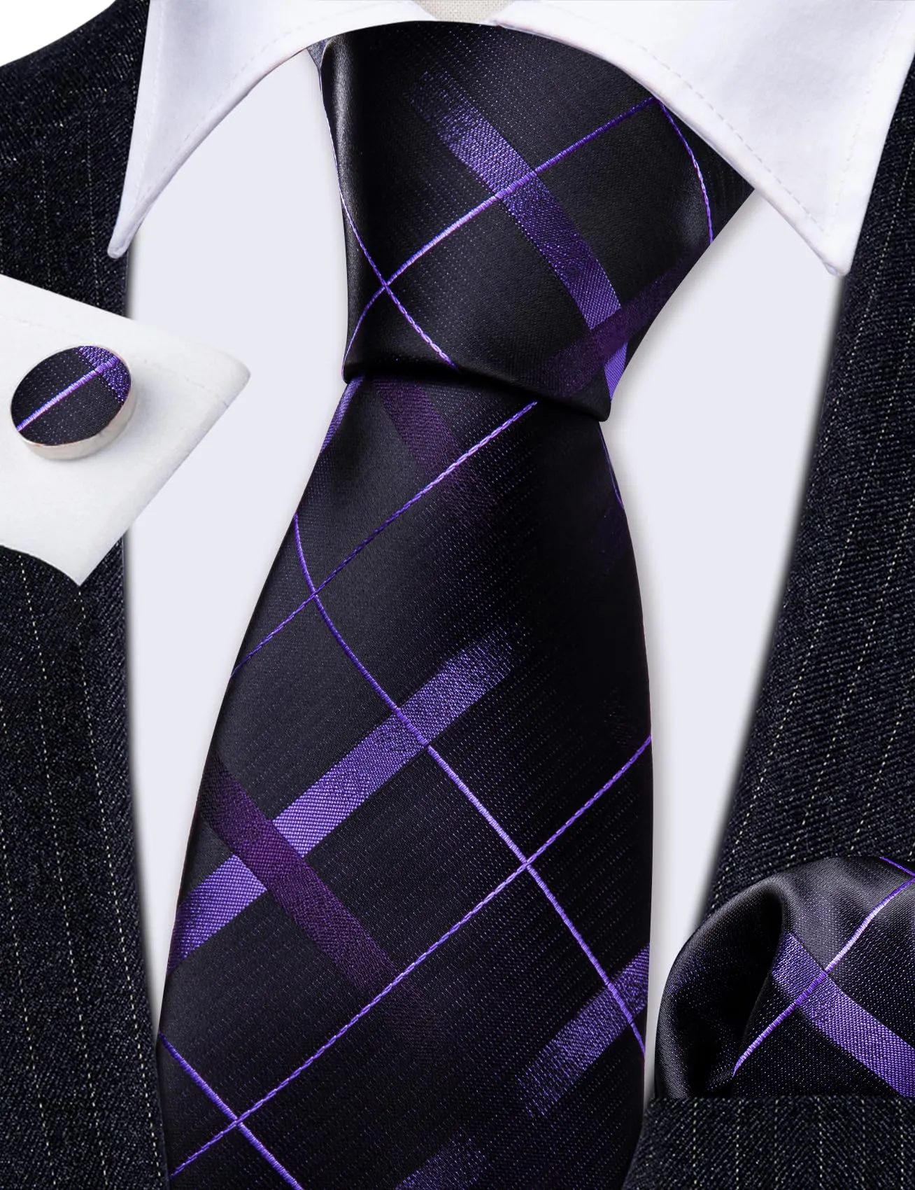 Barry.Wang Set da uomo 4 pezzi in seta con cravatta a righe a quadri, pochette, fermacravatta e gemelli, Taglia unica - immagine 7