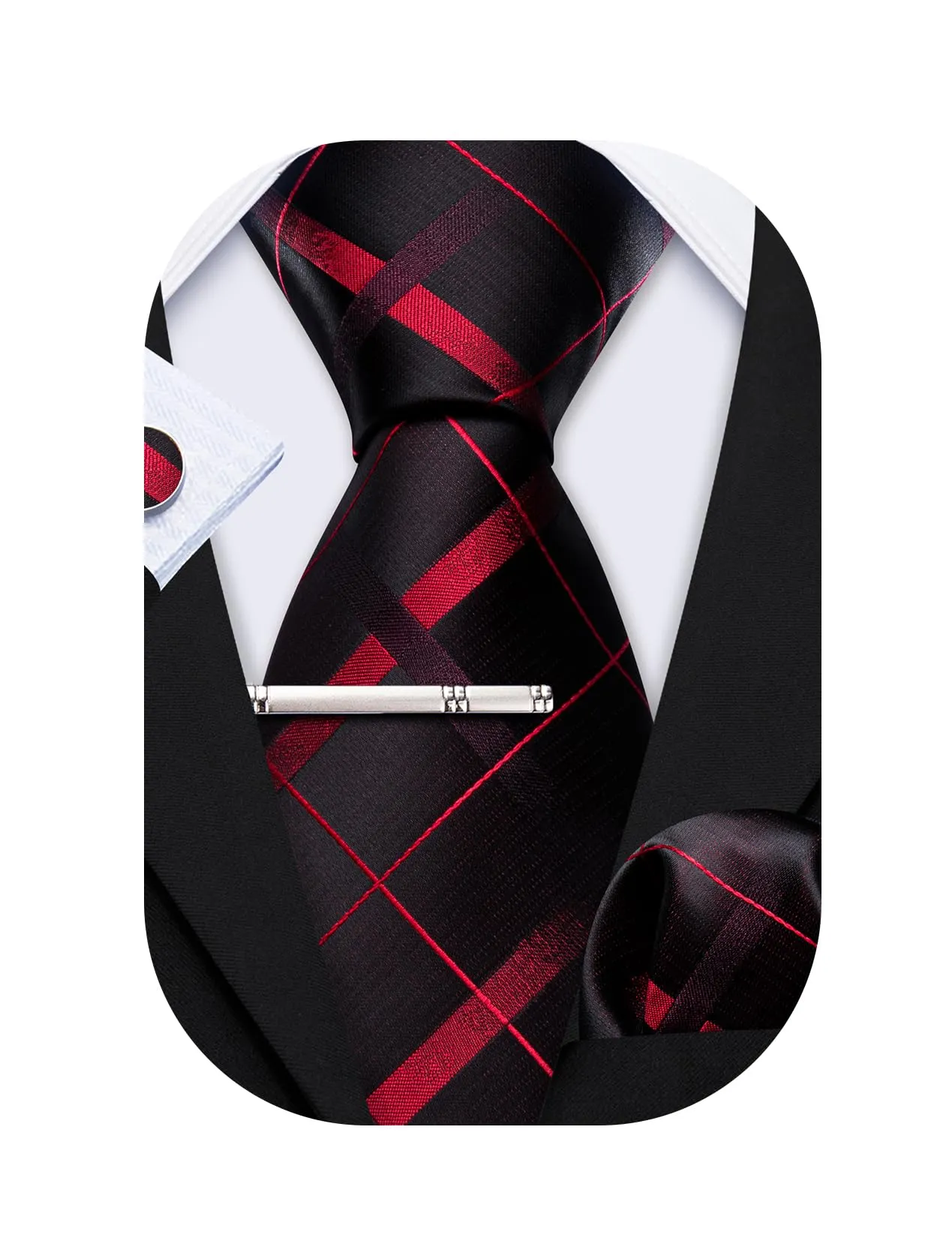 Barry.Wang Set Cravatta da Uomo in Seta a Righe Scozzesi, Pochette, Gemelli e Fermacravatta - Nero Rosso Checker - immagine 1