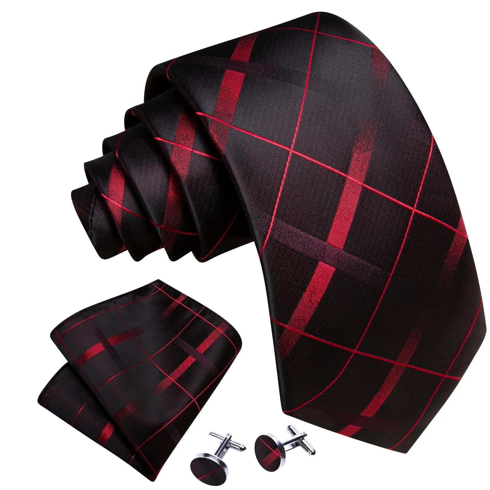 Barry.Wang Set Cravatta da Uomo in Seta a Righe Scozzesi, Pochette, Gemelli e Fermacravatta - Nero Rosso Checker - immagine 2