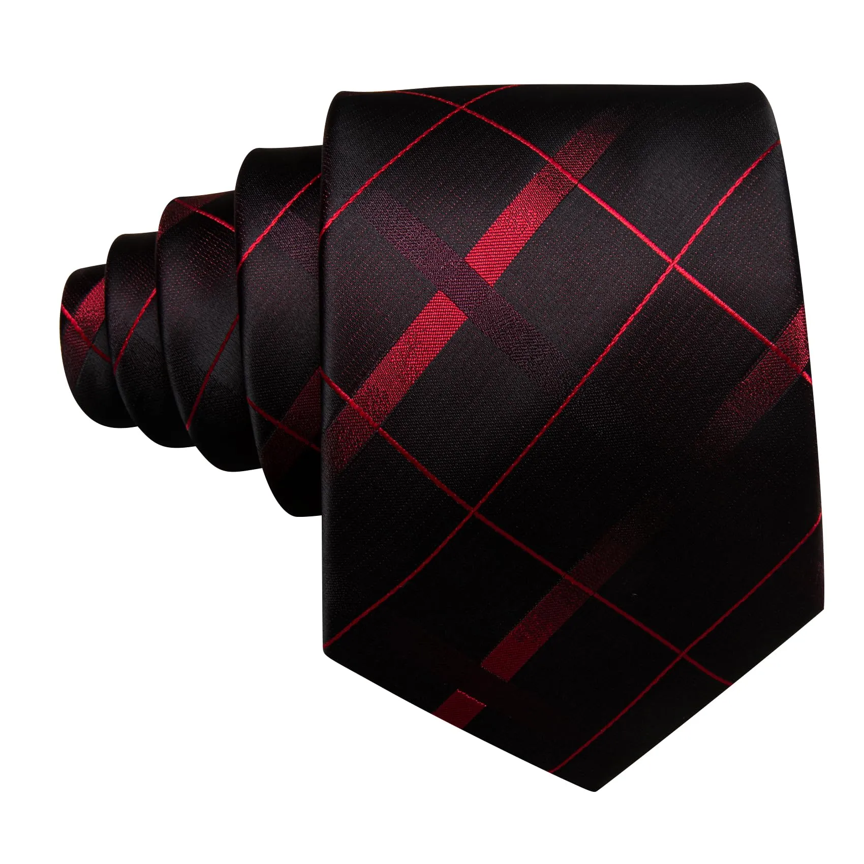 Barry.Wang Set Cravatta da Uomo in Seta a Righe Scozzesi, Pochette, Gemelli e Fermacravatta - Nero Rosso Checker - immagine 3