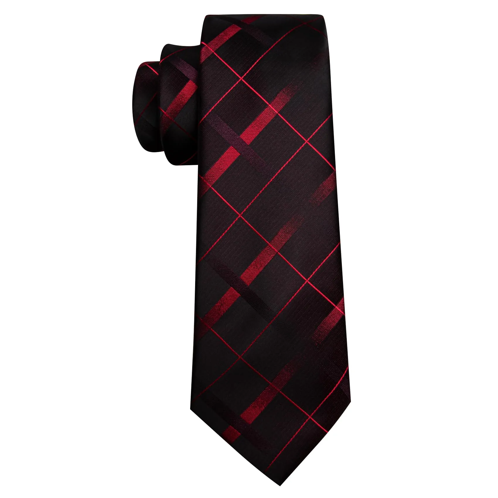 Barry.Wang Set Cravatta da Uomo in Seta a Righe Scozzesi, Pochette, Gemelli e Fermacravatta - Nero Rosso Checker - immagine 4