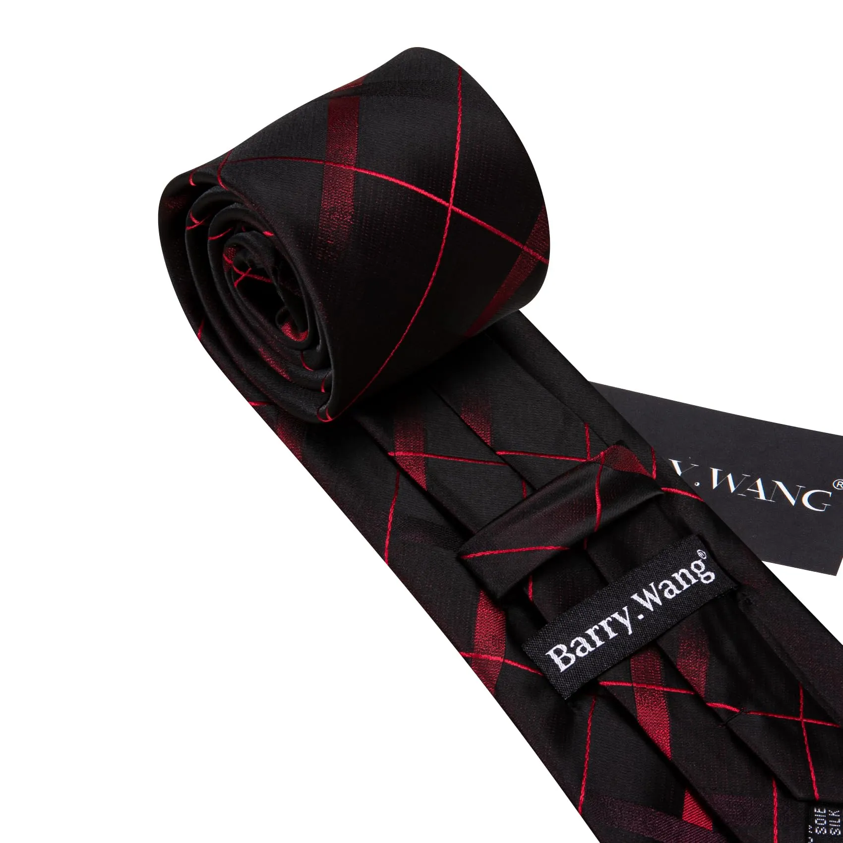 Barry.Wang Set Cravatta da Uomo in Seta a Righe Scozzesi, Pochette, Gemelli e Fermacravatta - Nero Rosso Checker - immagine 5