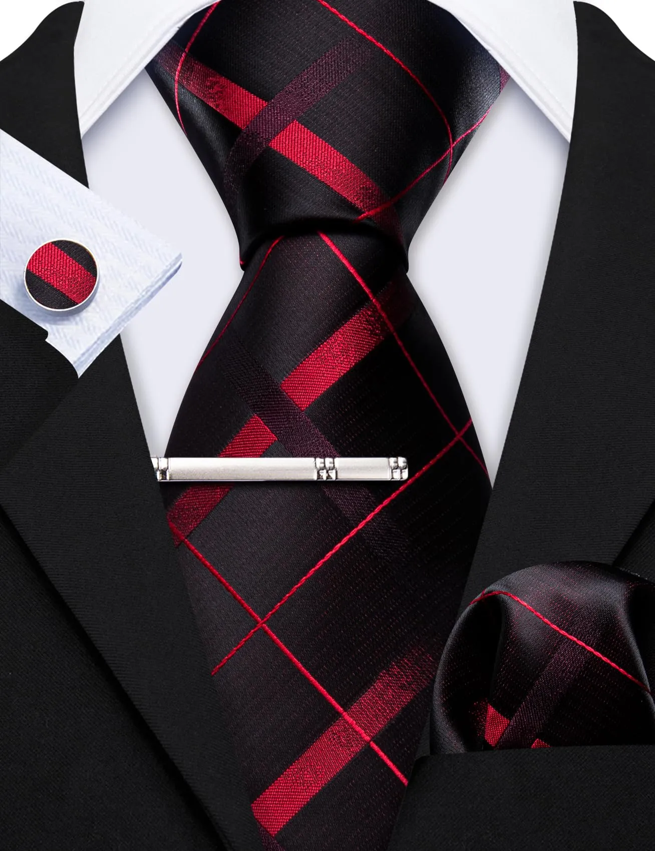 Barry.Wang Set Cravatta da Uomo in Seta a Righe Scozzesi, Pochette, Gemelli e Fermacravatta - Nero Rosso Checker - immagine 6