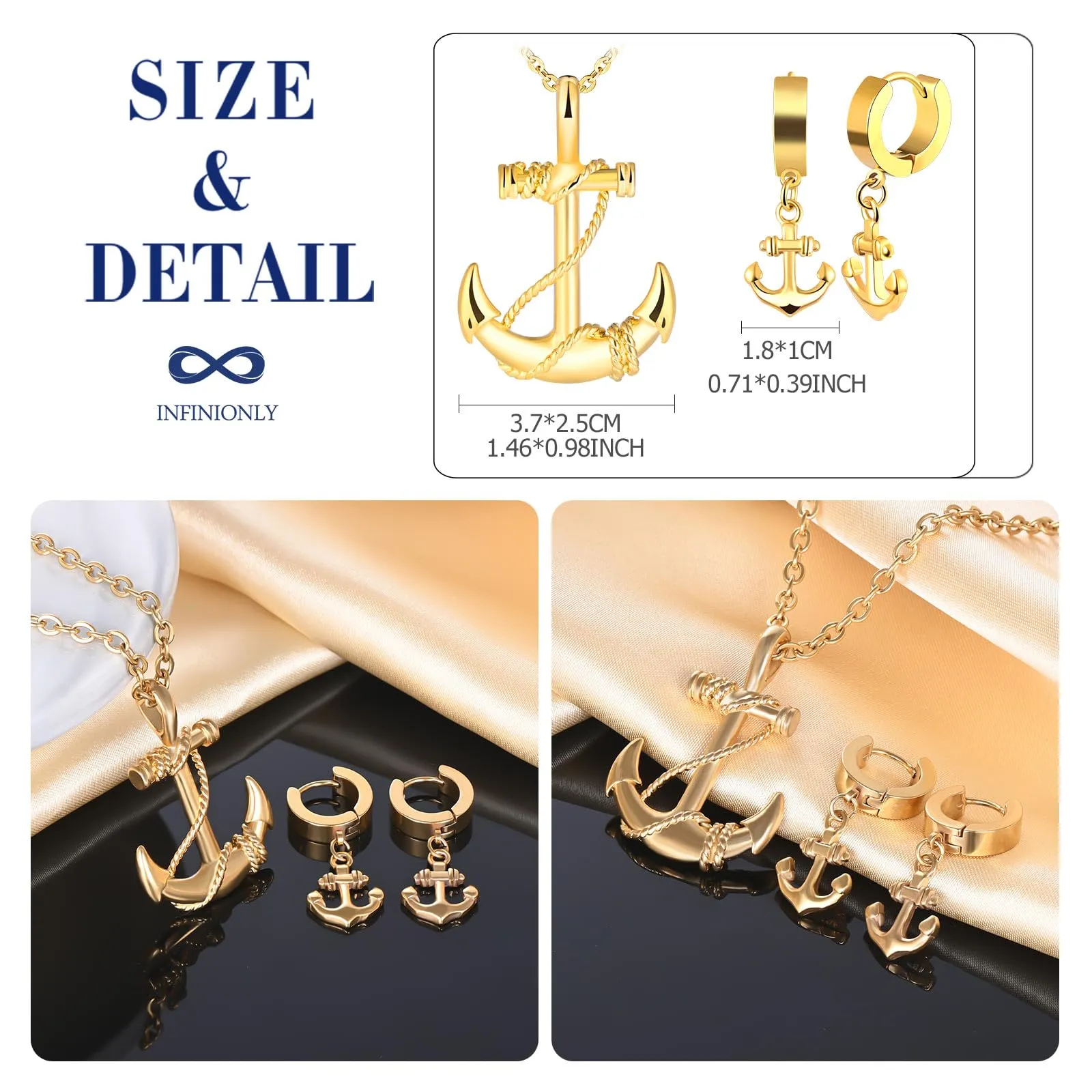 INFINIONLY Parure di Gioielli con Ciondolo Ancora, Collana e Orecchini in Acciaio Inossidabile Oro per Uomo e Ragazzi - immagine 2